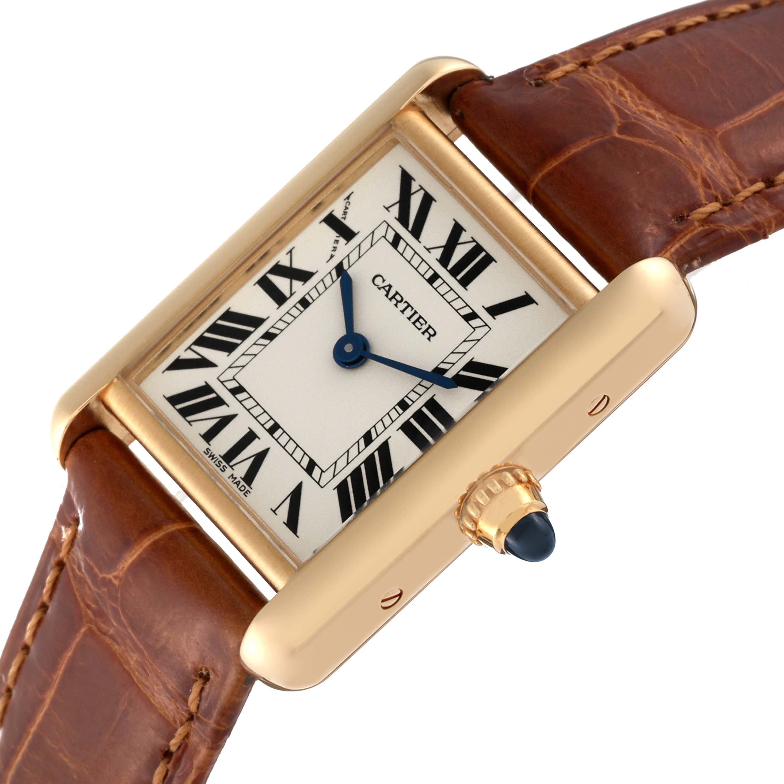 The image shows a close-up angled view of the Cartier Tank Louis W1529856 Women's Yellow Gold Silver Dial W1529856 Women's Yellow Gold Silver Dial watch, highlighting the face, crown, and part of the leather strap.