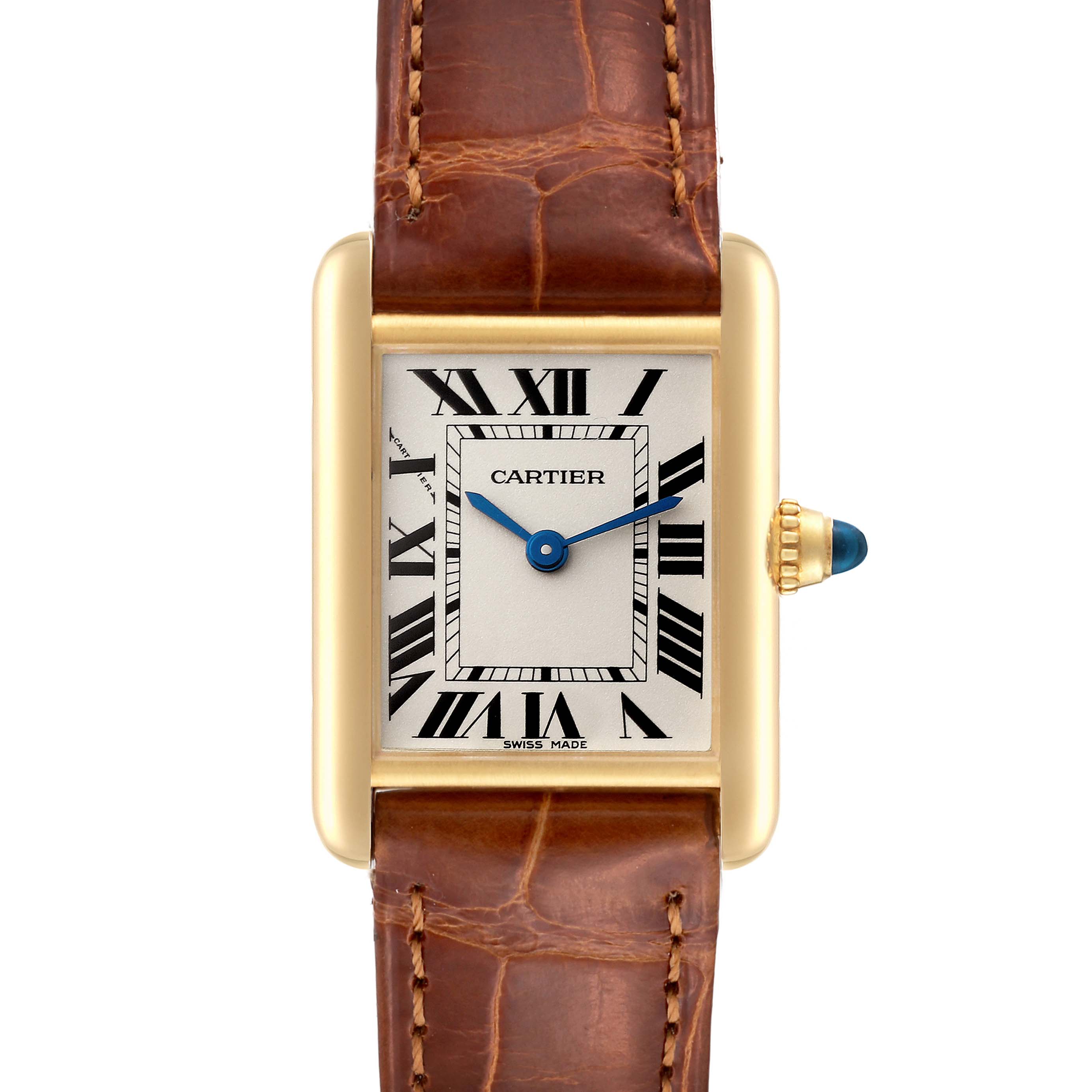 The image shows a front view of the Cartier Tank Louis W1529856 Women's Yellow Gold Silver Dial W1529856 Women's Yellow Gold Silver Dial watch, highlighting its rectangular face, Roman numerals, brown leather strap, and gold case.