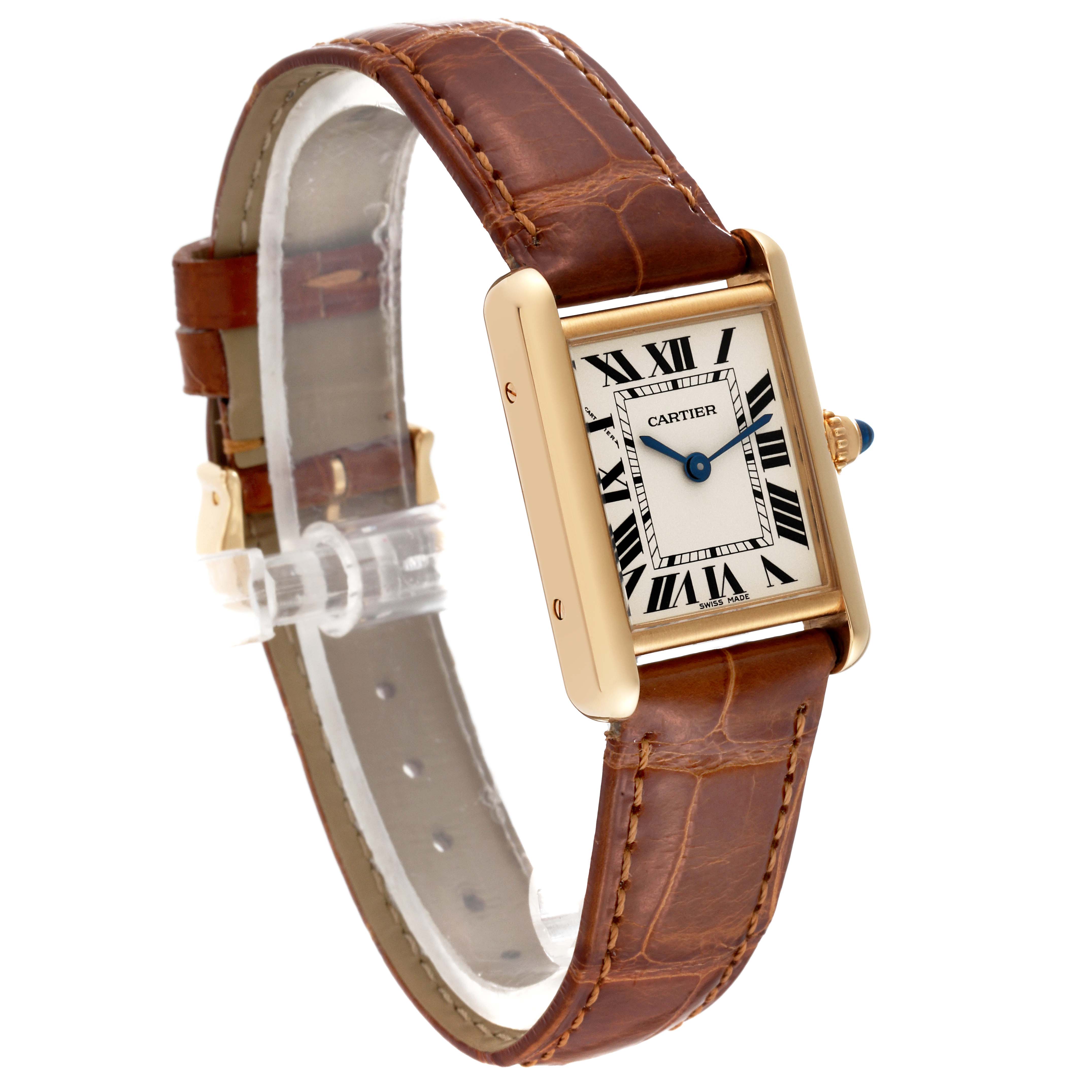 The image shows a Cartier Tank Louis W1529856 Women's Yellow Gold Silver Dial W1529856 Women's Yellow Gold Silver Dial watch at a three-quarter angle, featuring the dial, brown leather strap, and side crown.