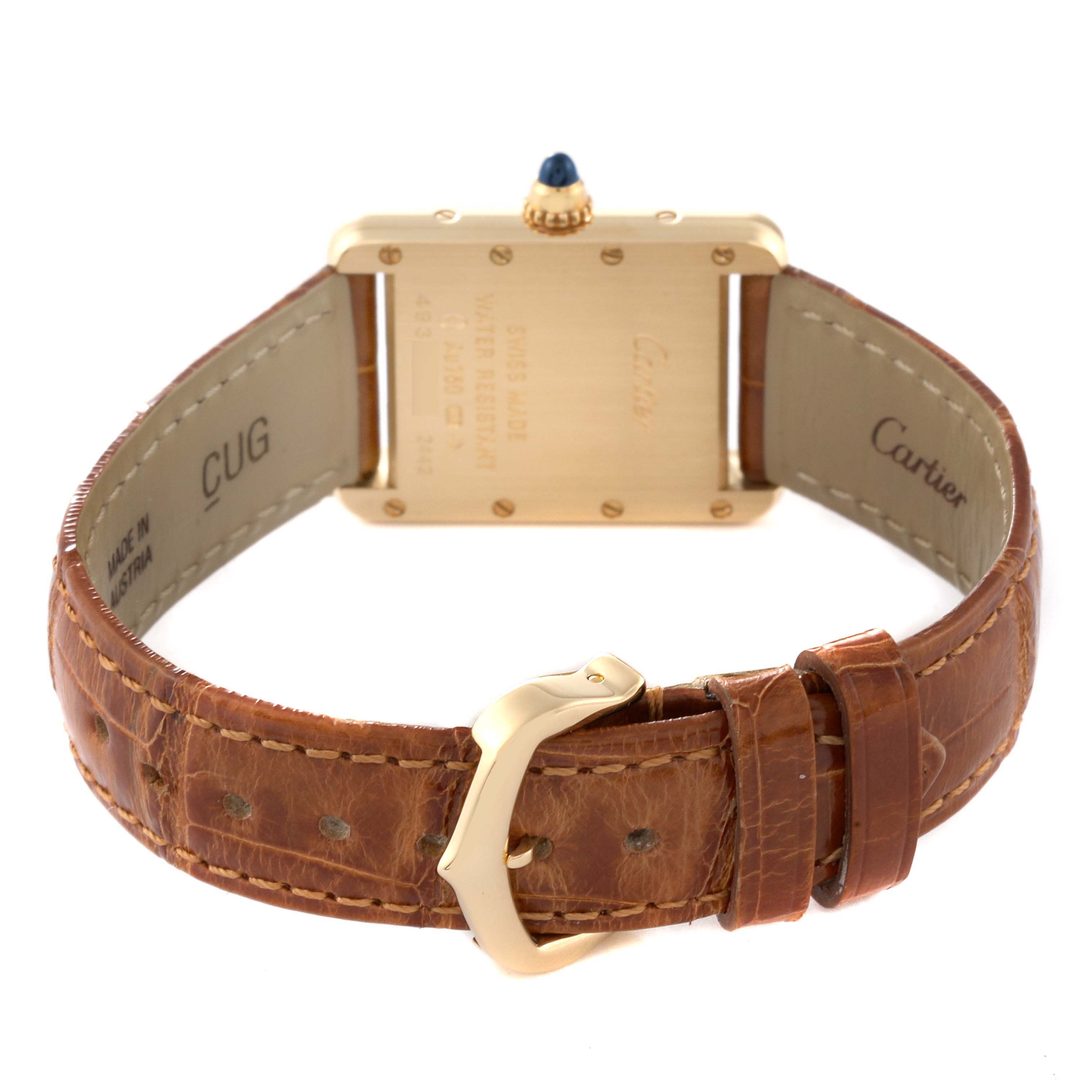 This image shows the back view of the Tank Louis watch by Cartier, highlighting the buckle, leather strap, and inscribed case back.