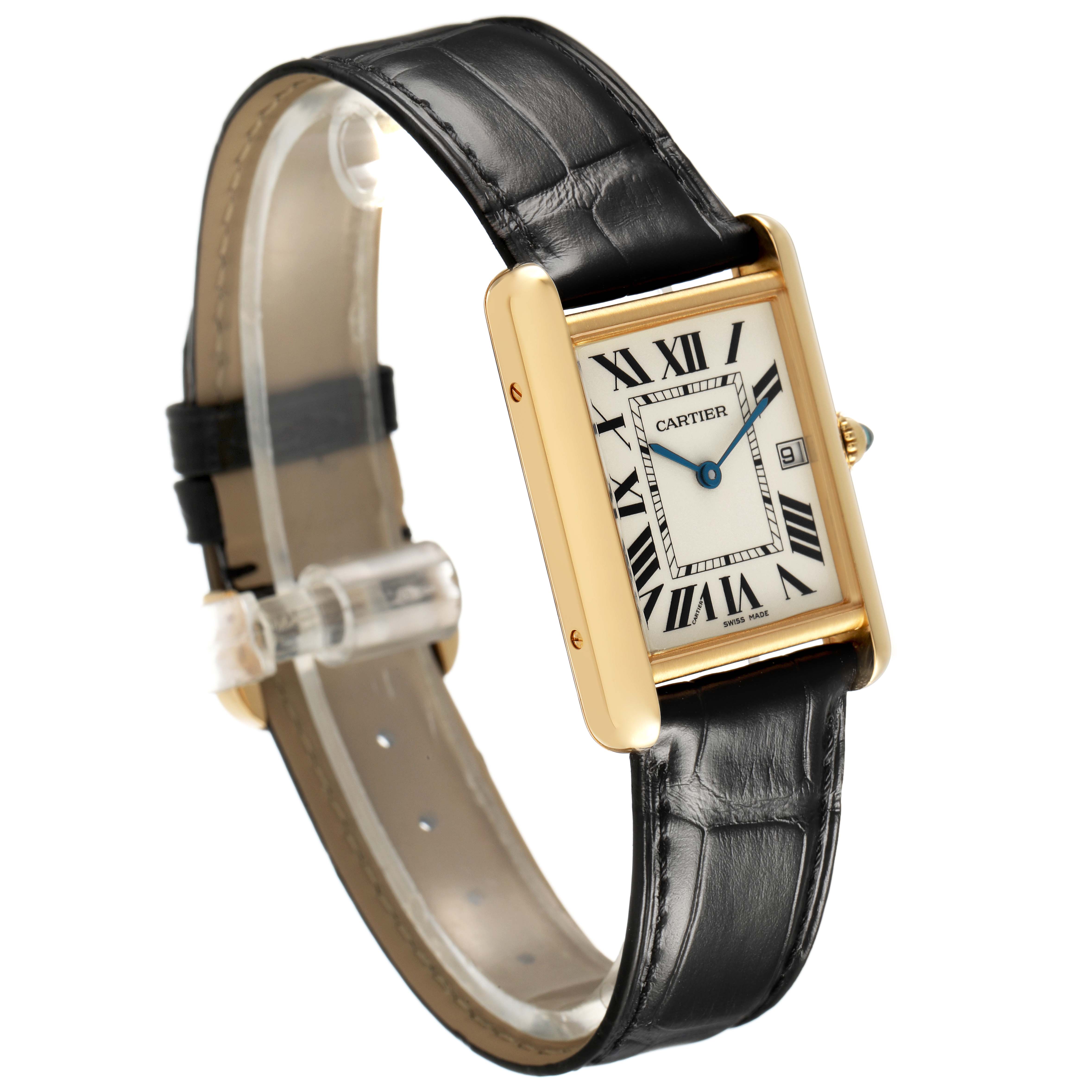 The Cartier Tank Louis W1529756 Men's Yellow Gold Silver Dial watch is shown at a three-quarter angle, highlighting the dial, strap, and gold case.