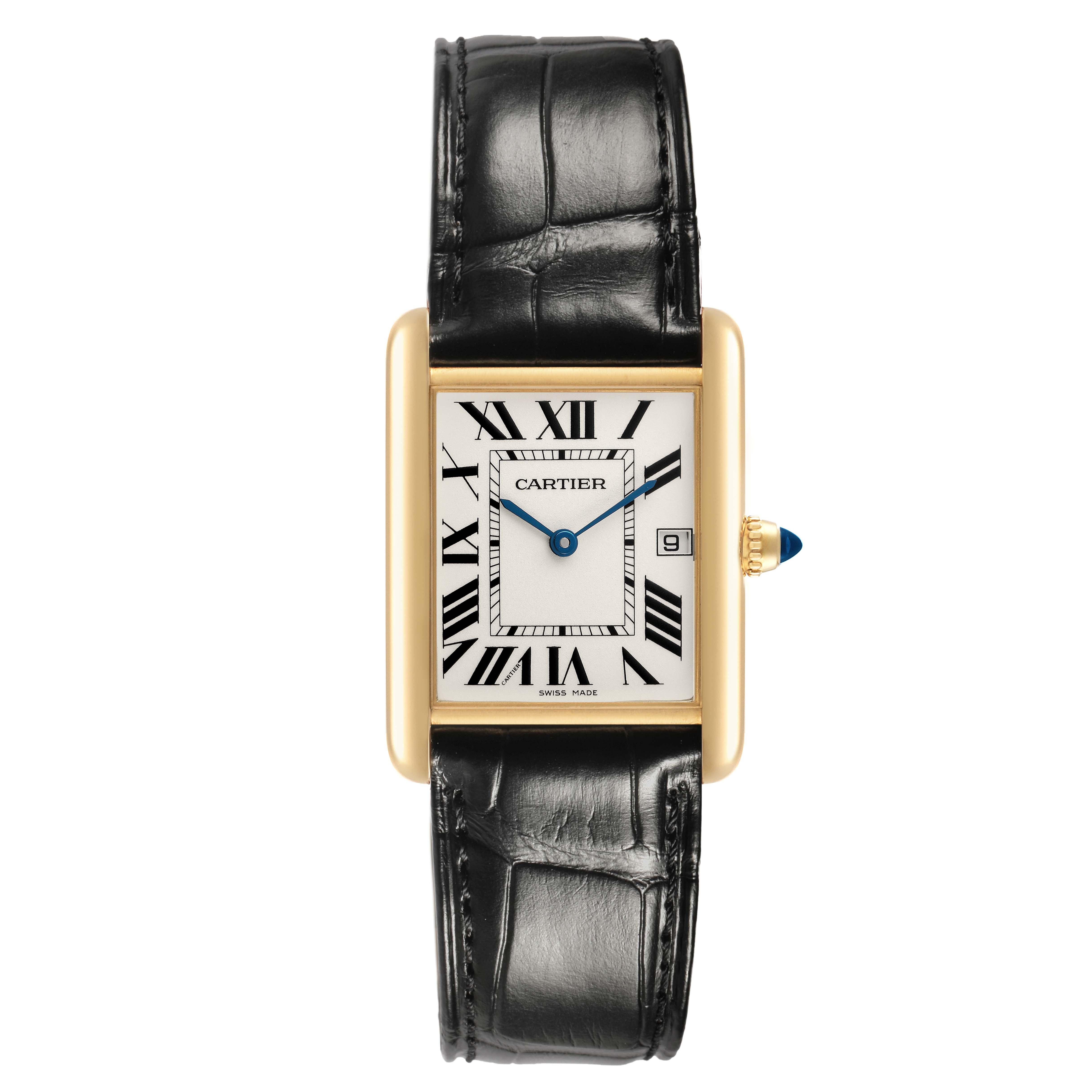 The image shows a Cartier Tank Louis W1529756 Men's Yellow Gold Silver Dial watch from a front angle, featuring its rectangular dial, Roman numerals, and leather strap.