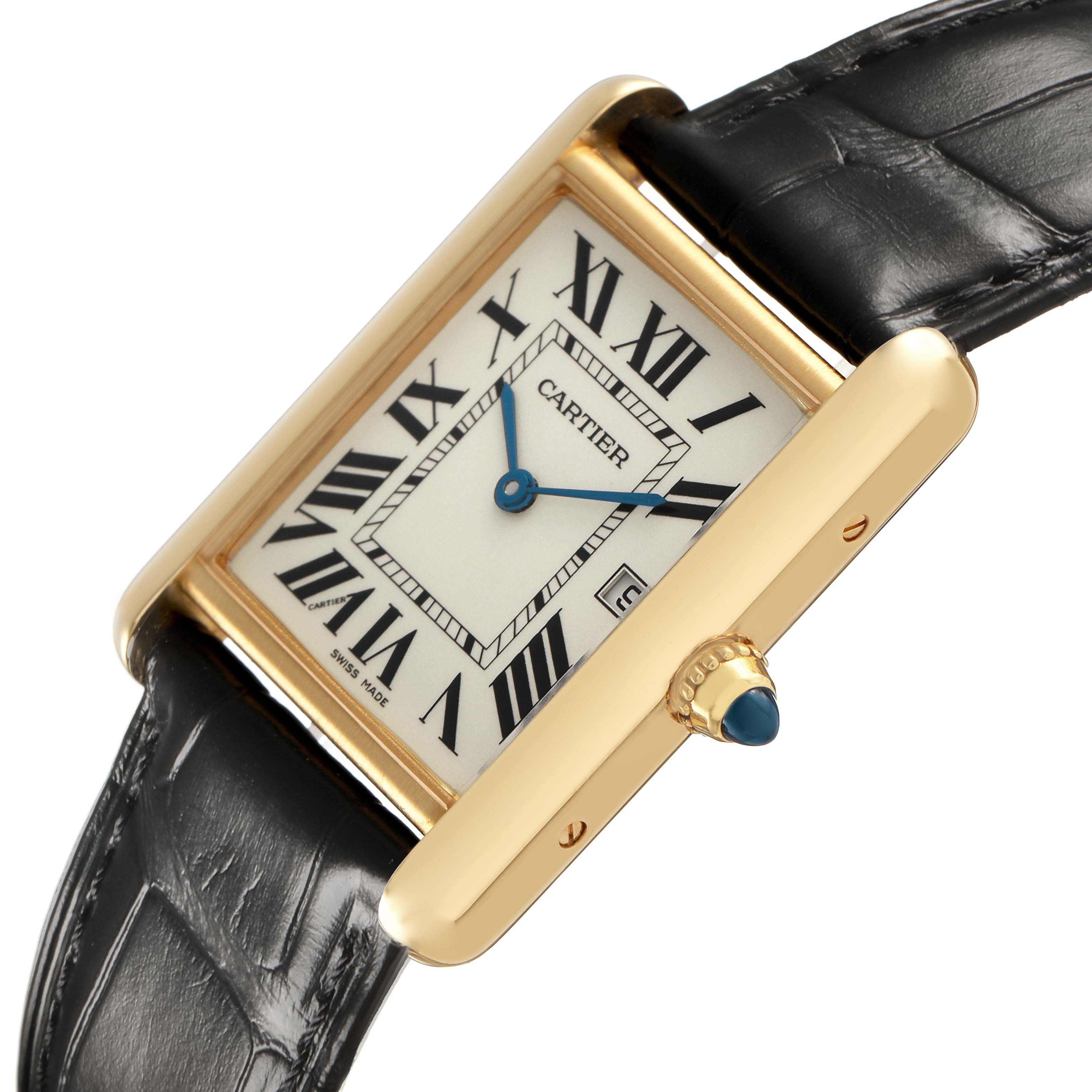 The Cartier Tank Louis W1529756 Men's Yellow Gold Silver Dial watch is shown at an angled view, highlighting the face, Roman numerals, and blue cabochon crown.