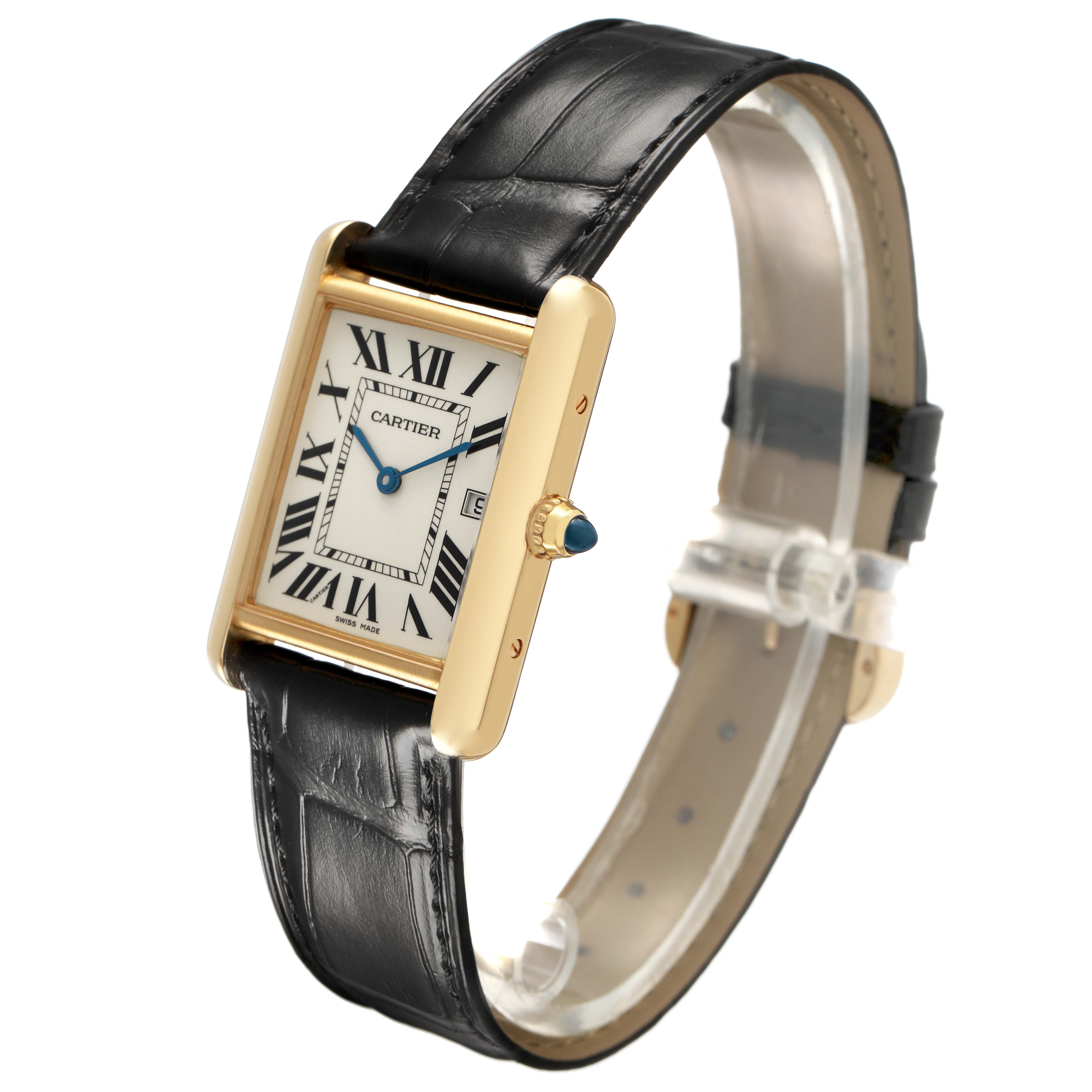 The Cartier Tank Louis W1529756 Men's Yellow Gold Silver Dial watch is shown at a slight angle, displaying its rectangular face, gold case, and black leather strap.