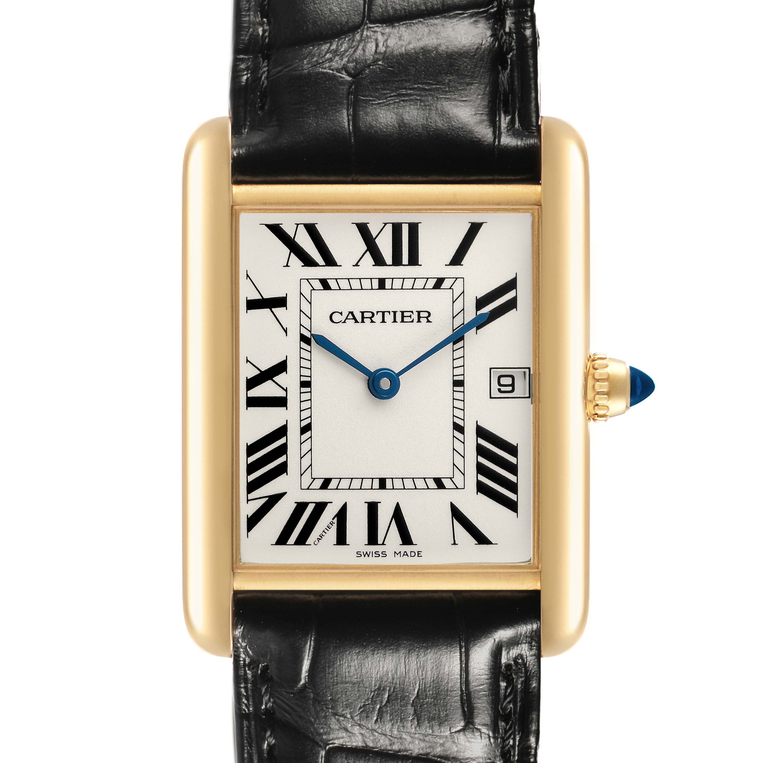 The Cartier Tank Louis W1529756 Men's Yellow Gold Silver Dial watch is shown from a front angle, displaying the dial, Roman numerals, and leather strap.