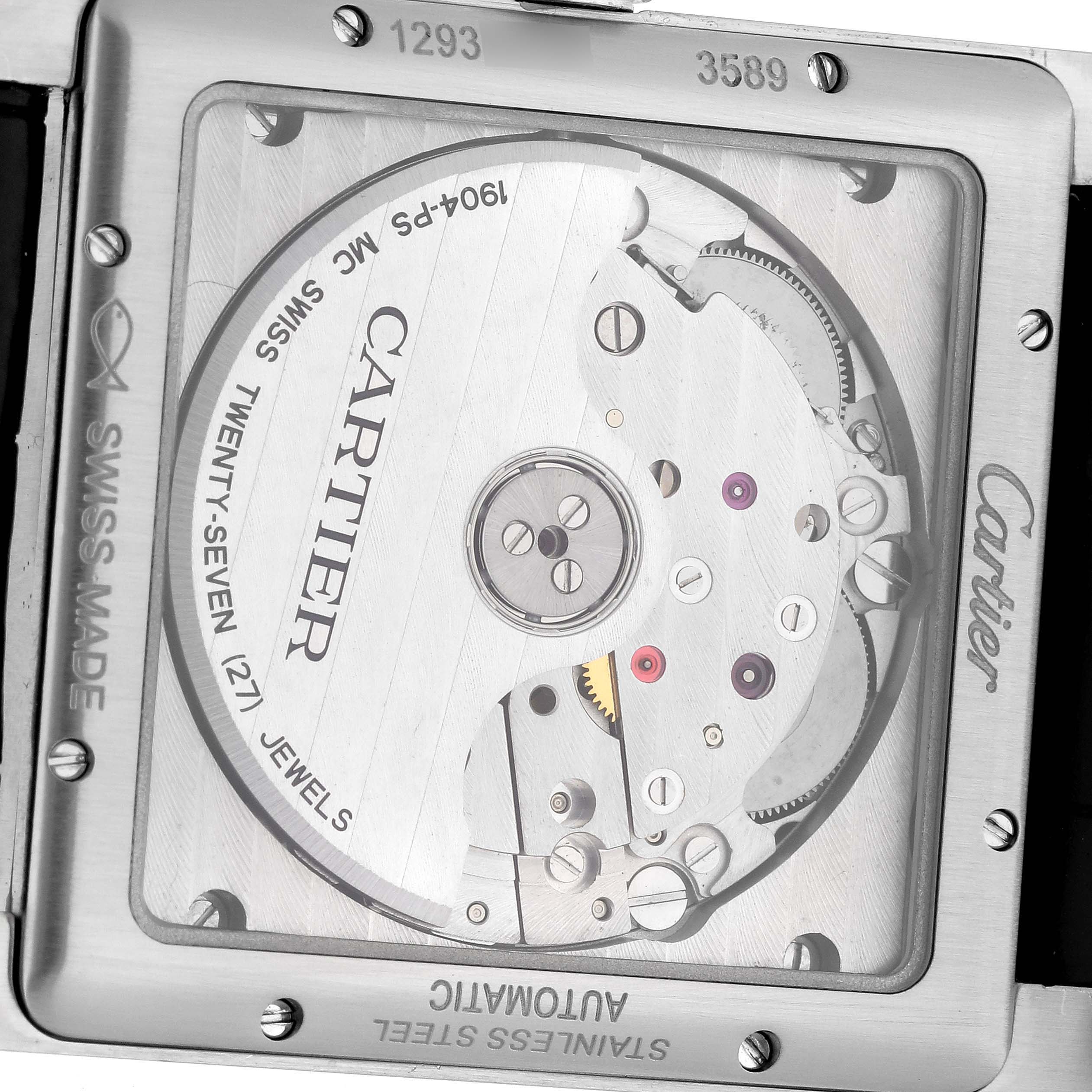 The image shows the back view of the Cartier Tank MC W5330004 Men's Stainless Steel Black Dial W5330004 Men's Stainless Steel Black Dial watch, highlighting its automatic movement and internal mechanisms.