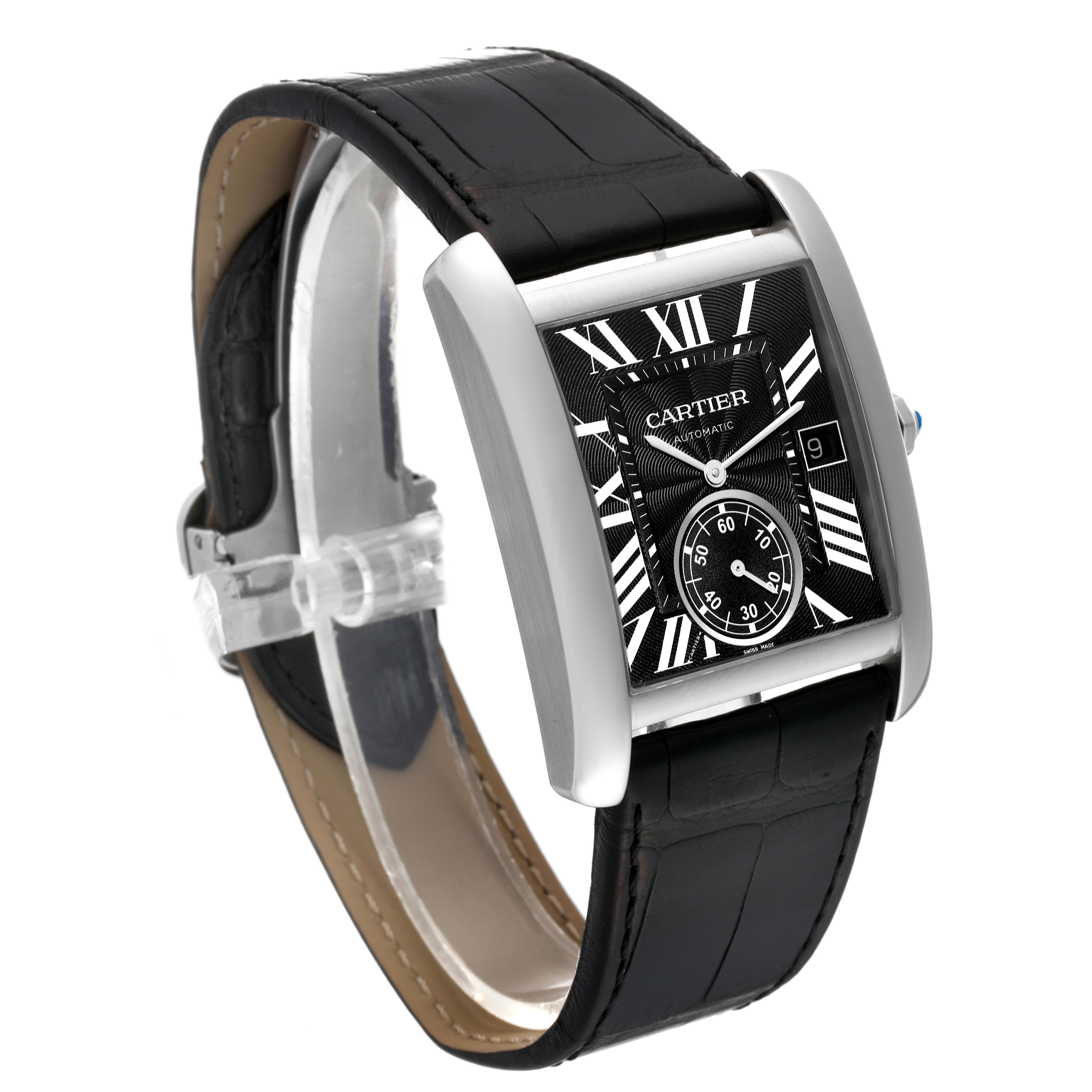 The Tank MC model by Cartier is shown at a slight left-side angle, displaying its face, bezel, and strap.