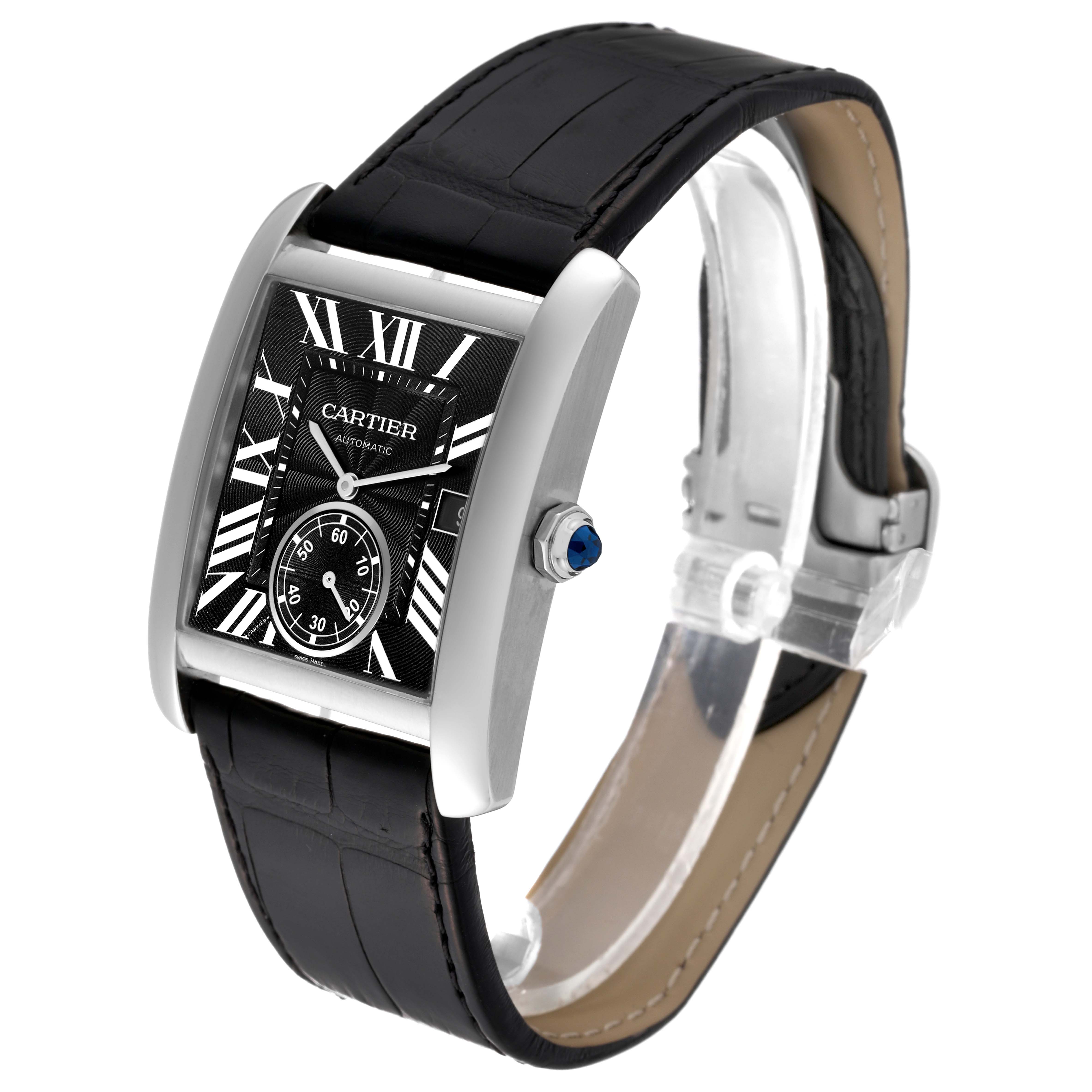 The image shows a Cartier Tank MC W5330004 Men's Stainless Steel Black Dial W5330004 Men's Stainless Steel Black Dial watch at an oblique angle, highlighting its rectangular dial and leather strap.