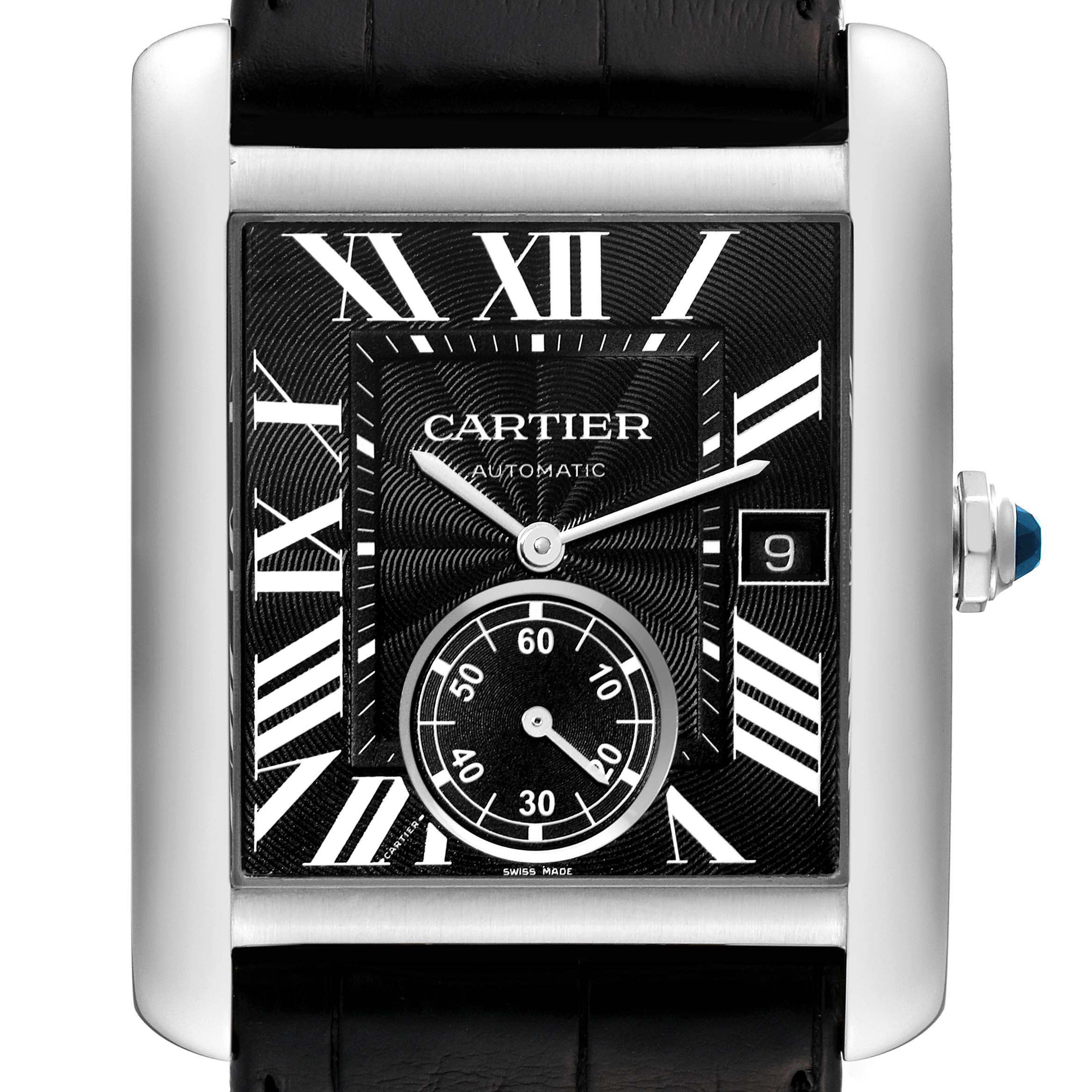 The image shows a front view of the Tank MC model by Cartier, highlighting the watch face, hour markers, hands, and date window.