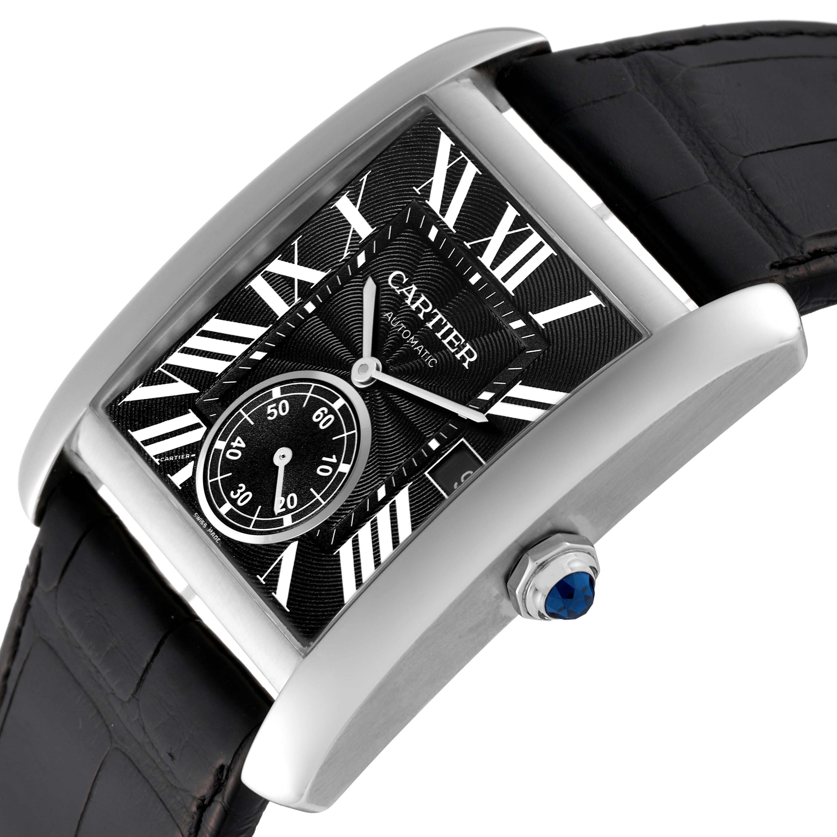 The image shows a Cartier Tank MC W5330004 Men's Stainless Steel Black Dial W5330004 Men's Stainless Steel Black Dial watch viewed from an angled perspective, highlighting the dial, case, and strap.