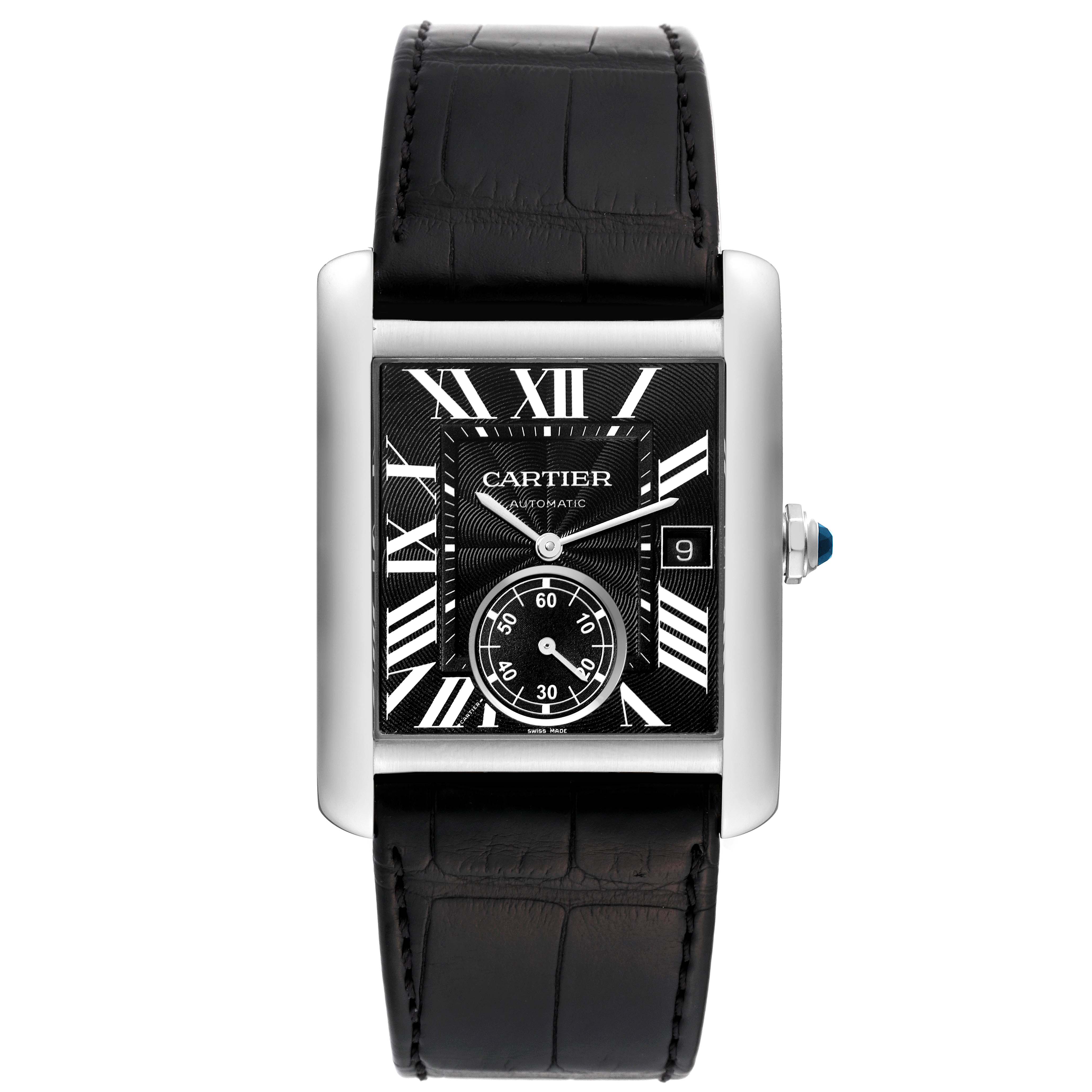 The image displays a front view of the Cartier Tank MC W5330004 Men's Stainless Steel Black Dial W5330004 Men's Stainless Steel Black Dial watch showing the dial, Roman numerals, date window, and black leather strap.