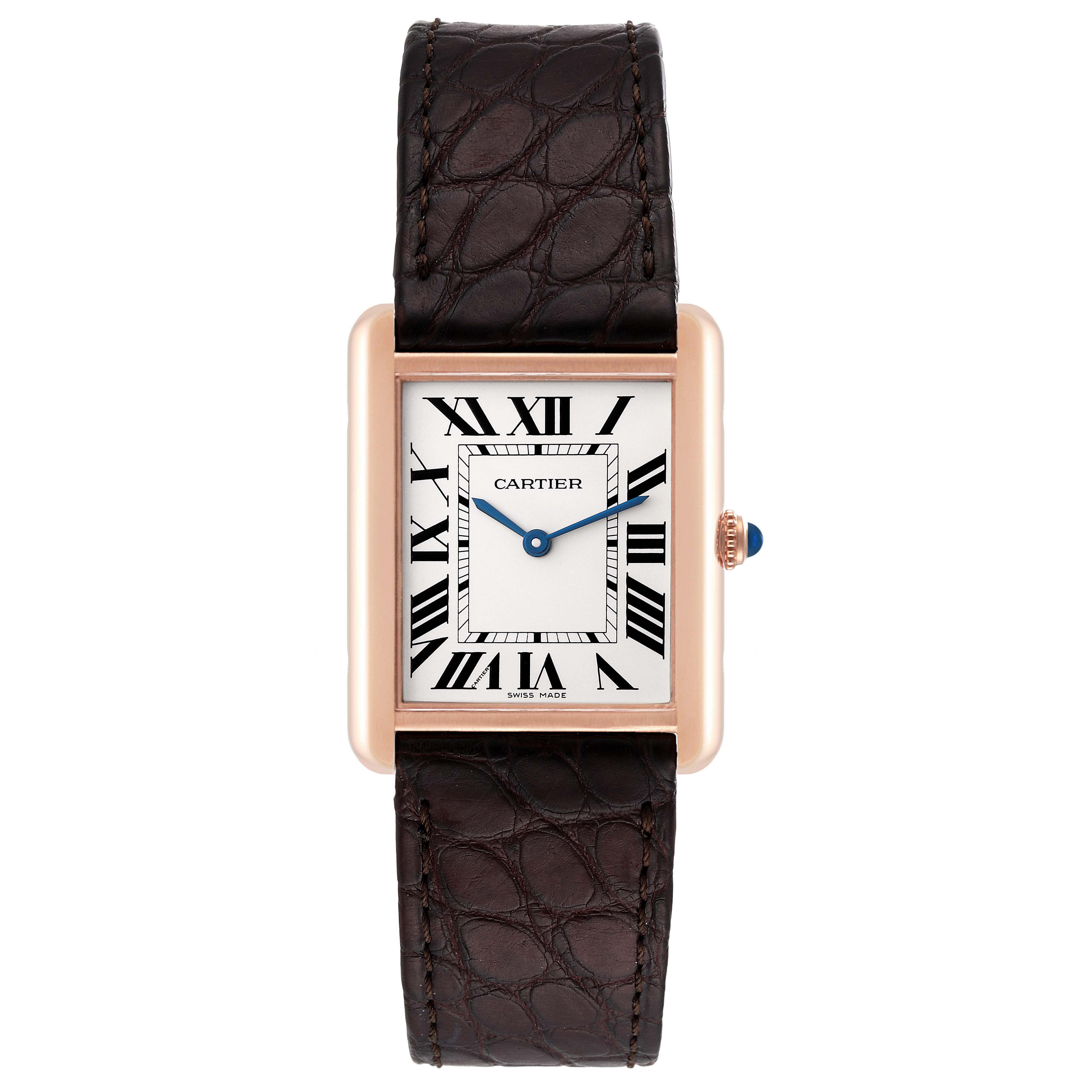 The Cartier Tank Solo W5200025 Men
s Rose Gold Silver Dial W5200025 Men
s Rose Gold Silver Dial watch is shown from a top view, displaying its face, case, crown, and strap.