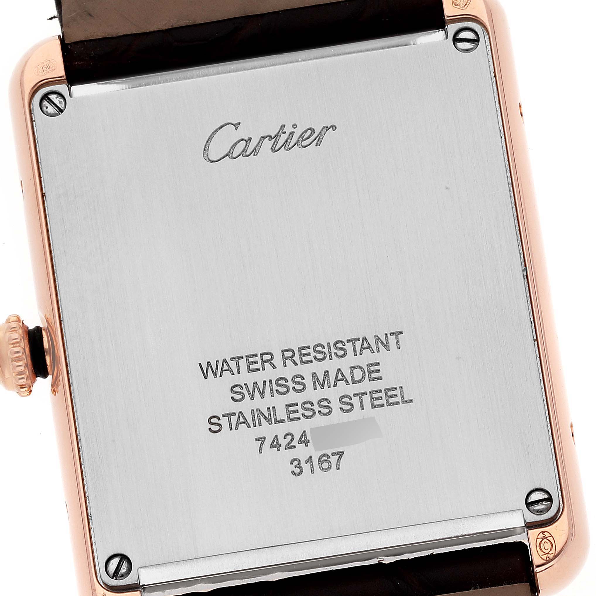 This image shows the back case of a Tank Solo model by Cartier in a close-up view.