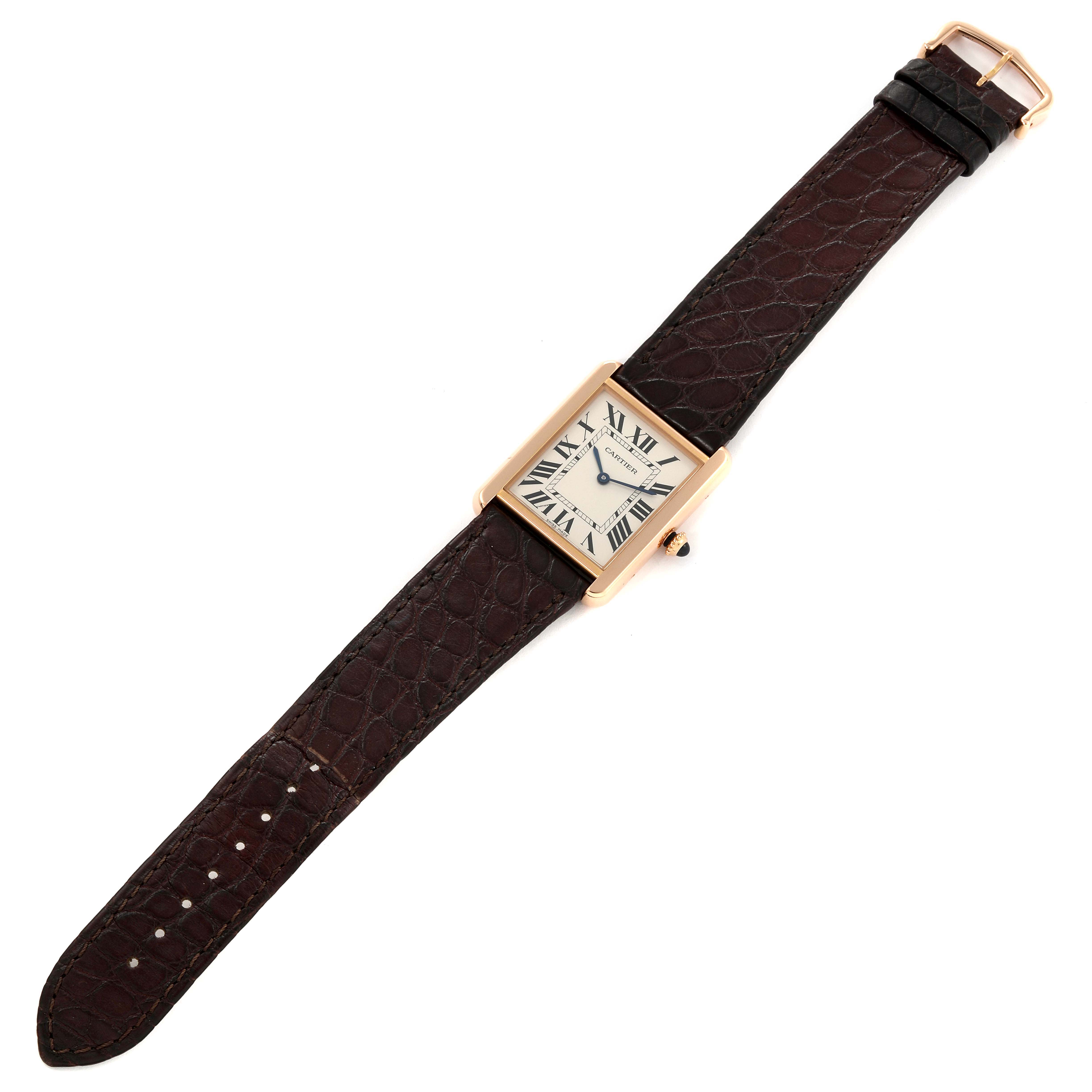 The image shows a top-down view of a Cartier Tank Solo W5200025 Men
s Rose Gold Silver Dial W5200025 Men
s Rose Gold Silver Dial watch, highlighting its rectangular face and leather strap.