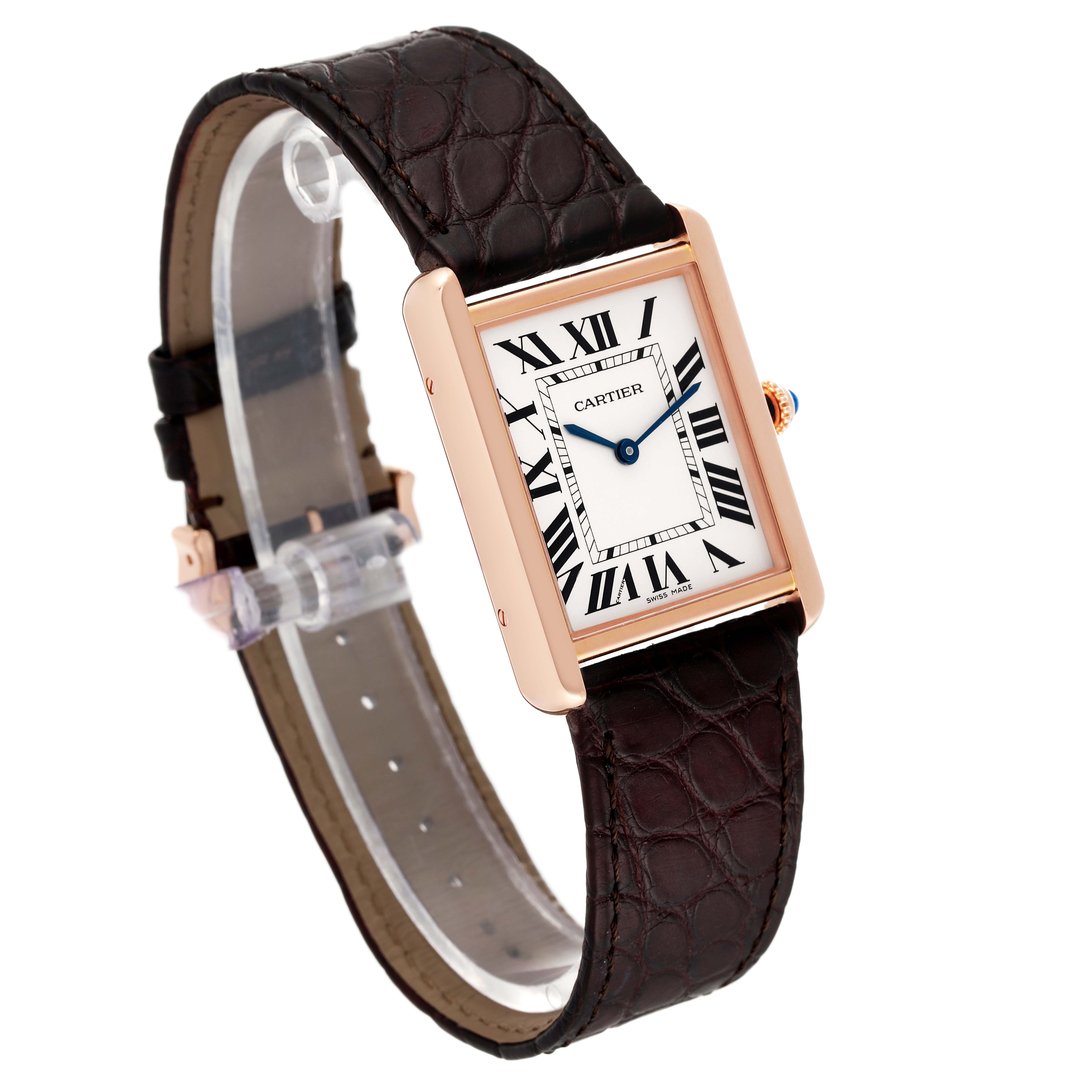 The image shows a Cartier Tank Solo W5200025 Men
s Rose Gold Silver Dial W5200025 Men
s Rose Gold Silver Dial watch angled to display the rectangular face, leather strap, and side profile, including the crown.