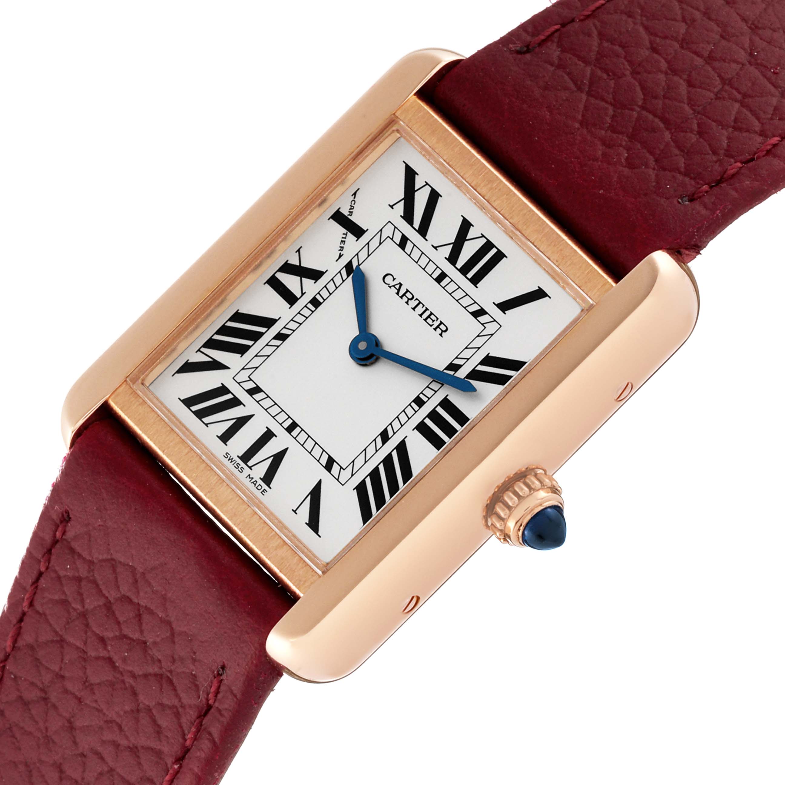 The image shows the Cartier Tank Solo W5200024 Women's Steel and Gold (two tone) Silver Dial W5200024 Women's Steel and Gold (two tone) Silver Dial model watch at an oblique angle, highlighting the dial, case, and red leather strap.