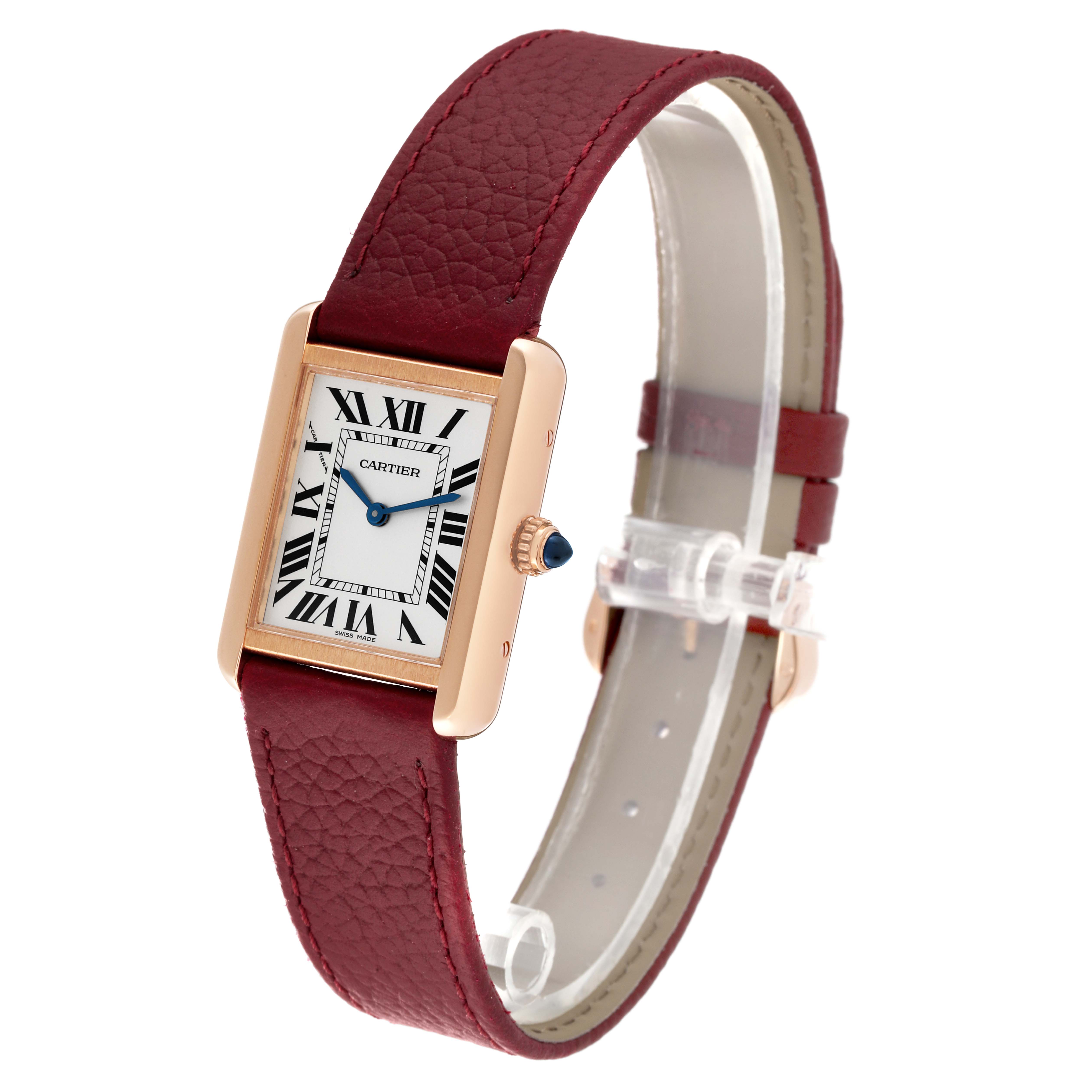 The image shows a Cartier Tank Solo W5200024 Women's Steel and Gold (two tone) Silver Dial W5200024 Women's Steel and Gold (two tone) Silver Dial watch at a slight angle showcasing the face, crown, and burgundy leather strap.