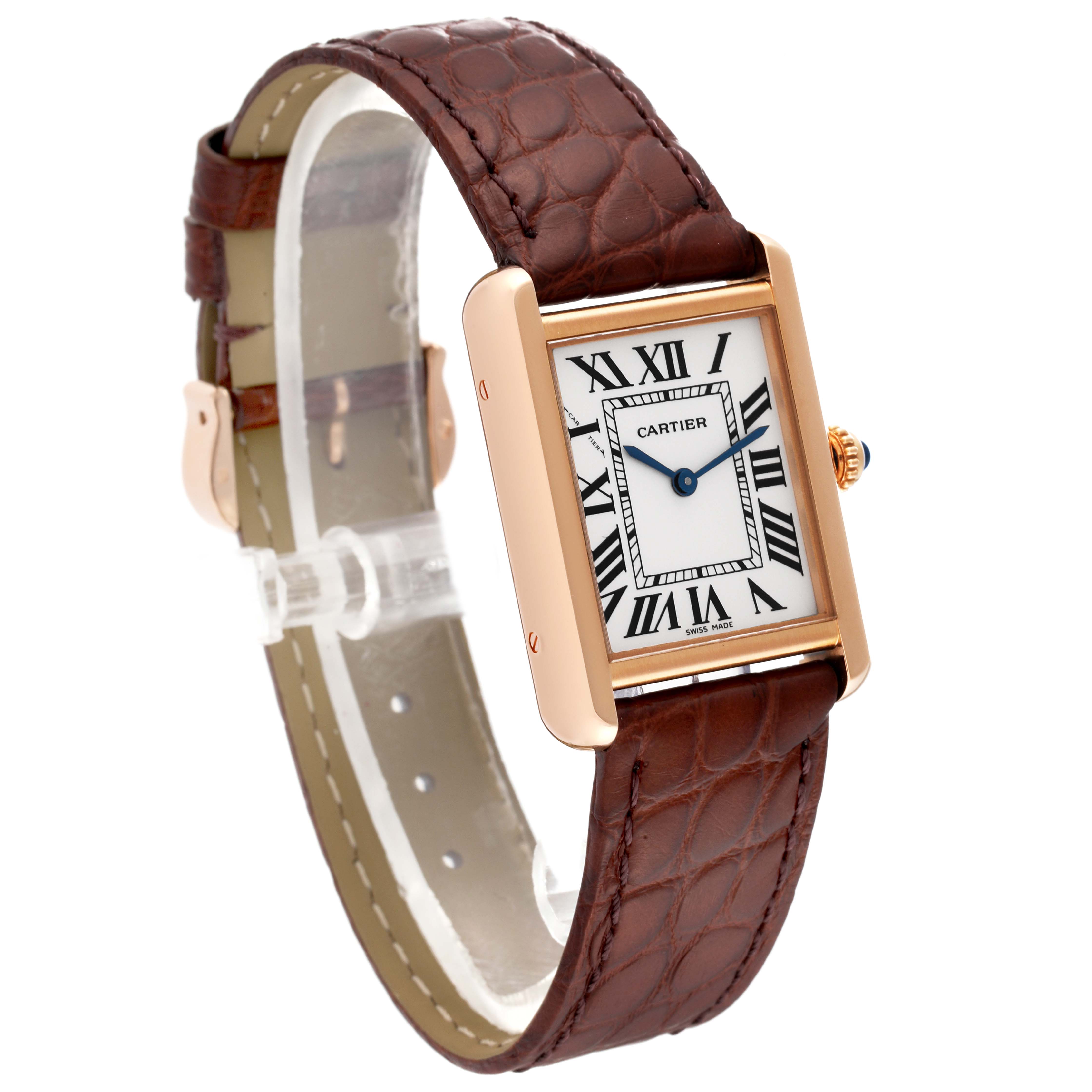 This image shows a Cartier Tank Solo W5200024 Women
s Steel and Gold (two tone) Silver Dial W5200024 Women
s Steel and Gold (two tone) Silver Dial watch at a 3/4 angle, displaying the face, crown, and brown leather strap.