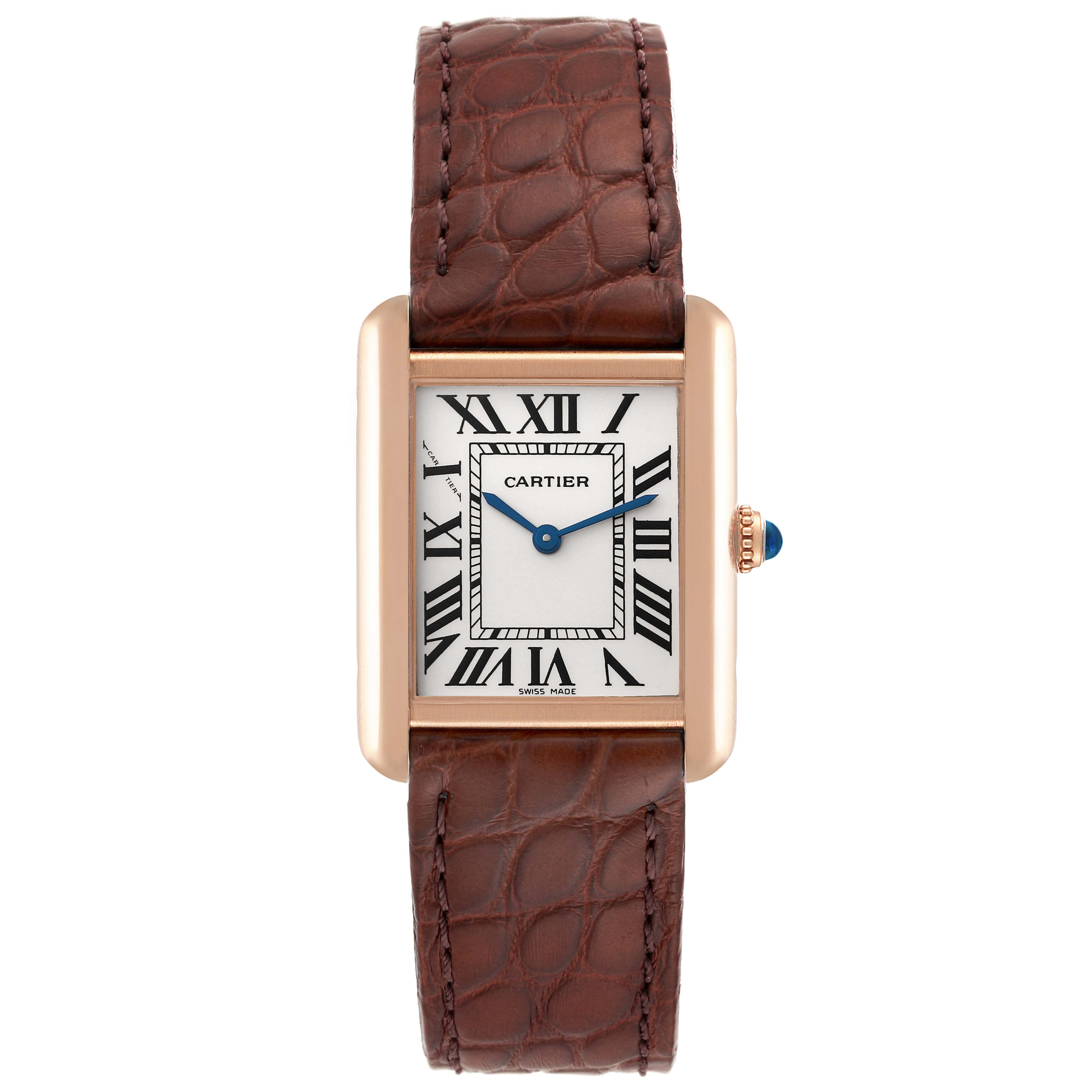This image shows the Cartier Tank Solo W5200024 Women
s Steel and Gold (two tone) Silver Dial W5200024 Women
s Steel and Gold (two tone) Silver Dial watch from a top-down angle, highlighting the face, strap, and crown.