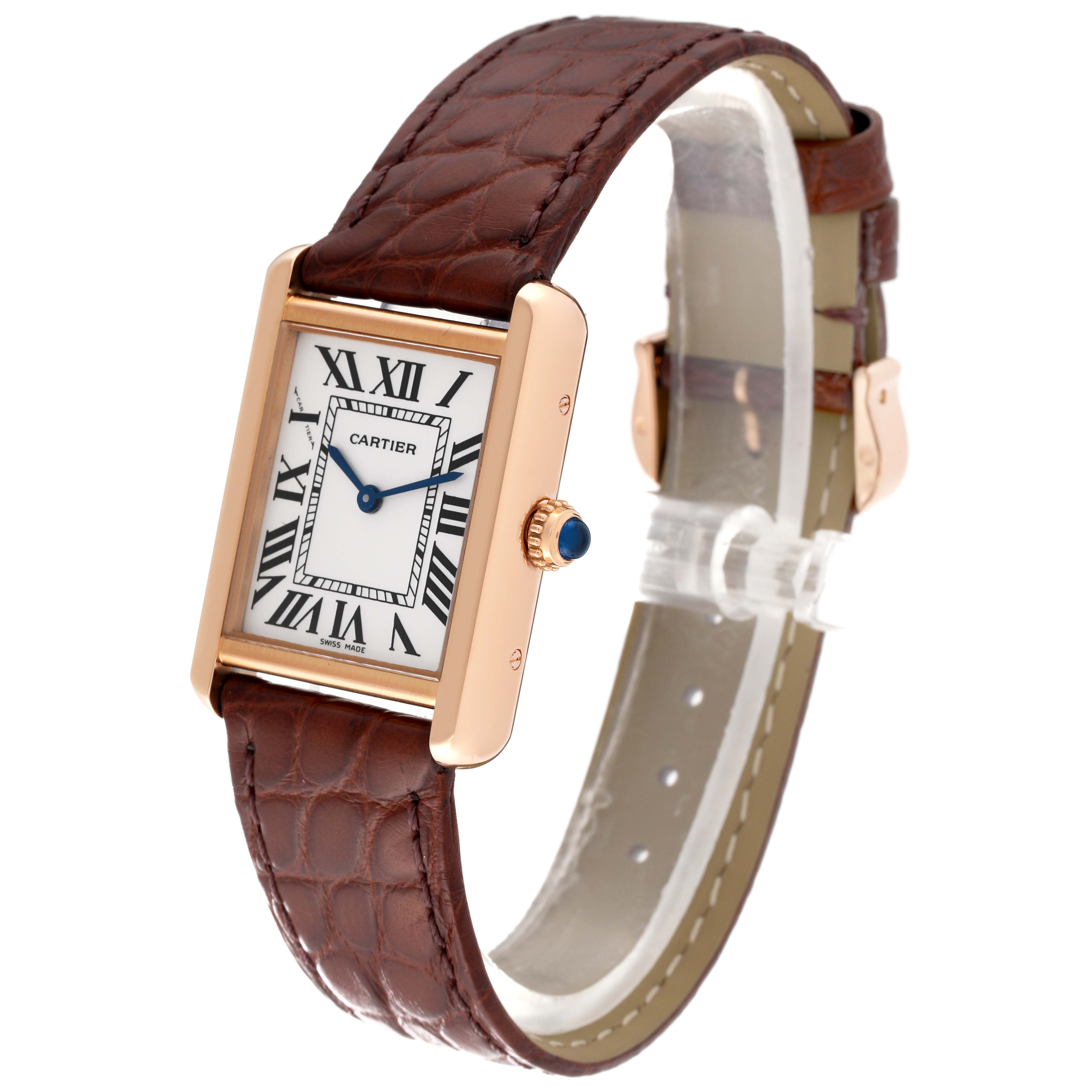 This Tank Solo model by Cartier is shown at a slight angle, displaying its rectangular face, classic Roman numeral dial, and brown leather strap.