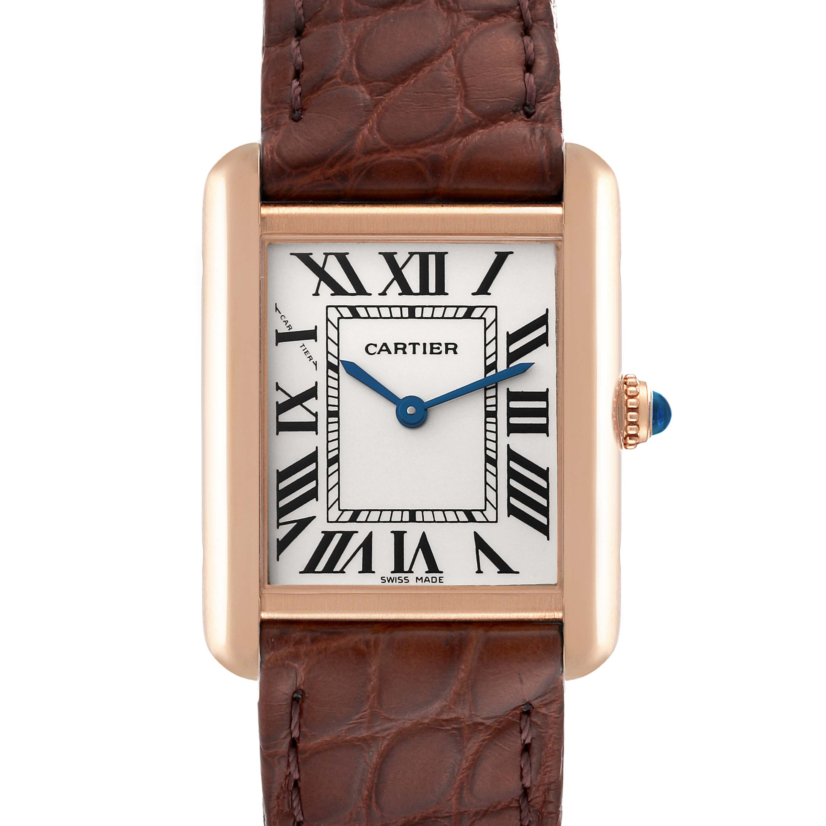 The image shows a front view of a Cartier Tank Solo W5200024 Women
s Steel and Gold (two tone) Silver Dial W5200024 Women
s Steel and Gold (two tone) Silver Dial watch with a rectangular face, Roman numerals, and a brown leather strap.