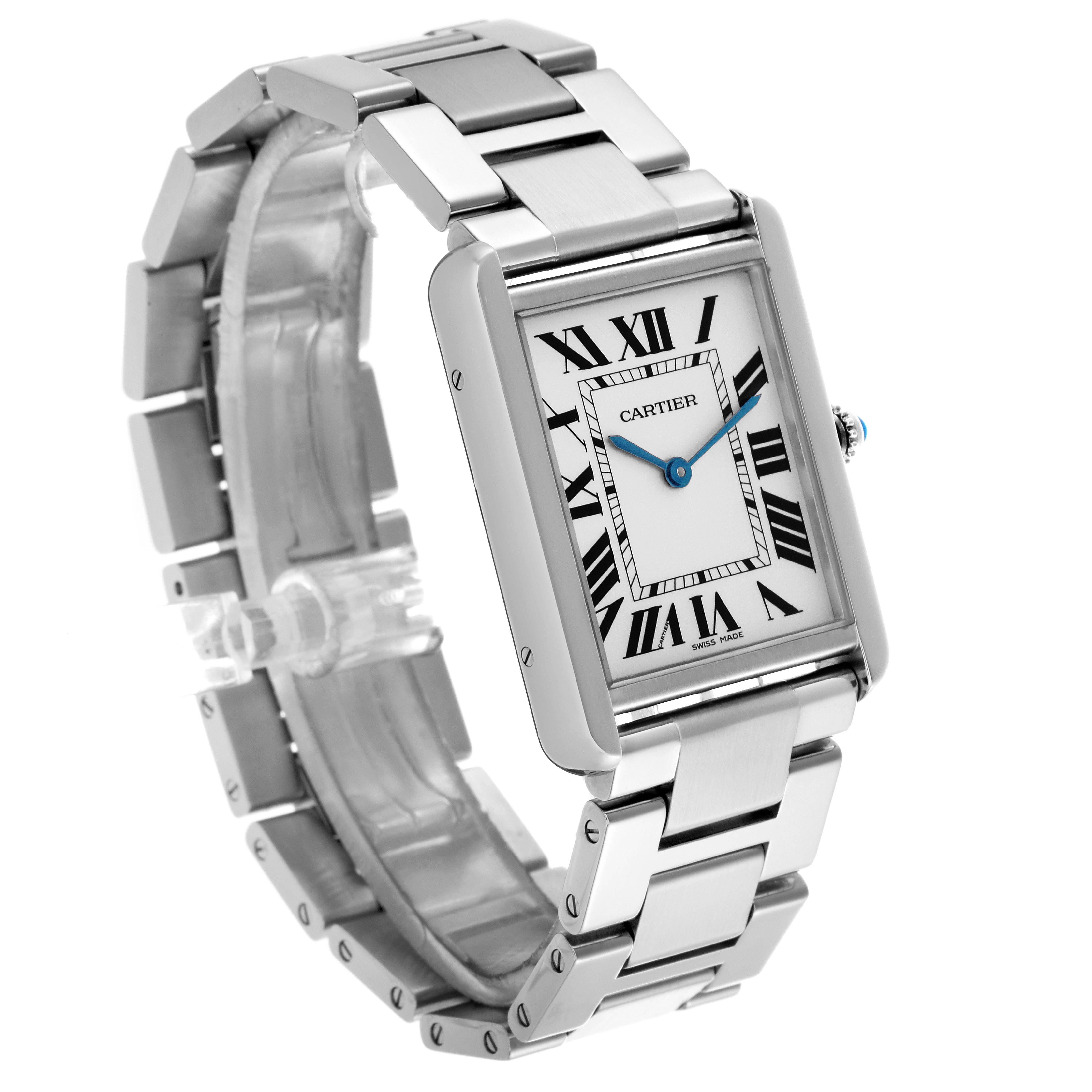 The image shows a Cartier Tank Solo W5200014 Men's Stainless Steel Silver Dial W5200014 Men's Stainless Steel Silver Dial watch at a three-quarter angle, highlighting the face, case, and metal bracelet.