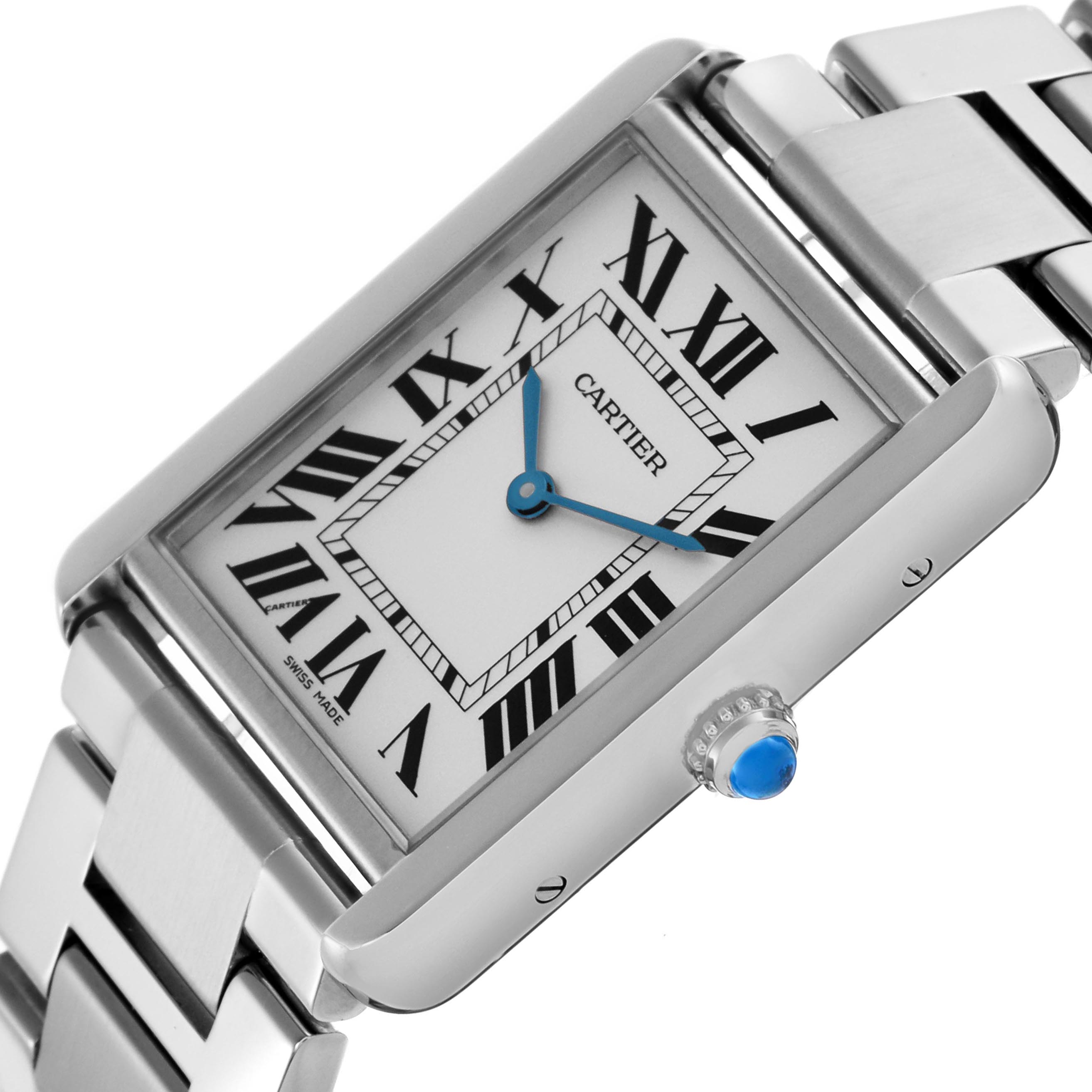 The Cartier Tank Solo W5200014 Men's Stainless Steel Silver Dial W5200014 Men's Stainless Steel Silver Dial watch is shown at a tilted angle, highlighting its rectangular face, Roman numerals, blue hands, and metal bracelet.