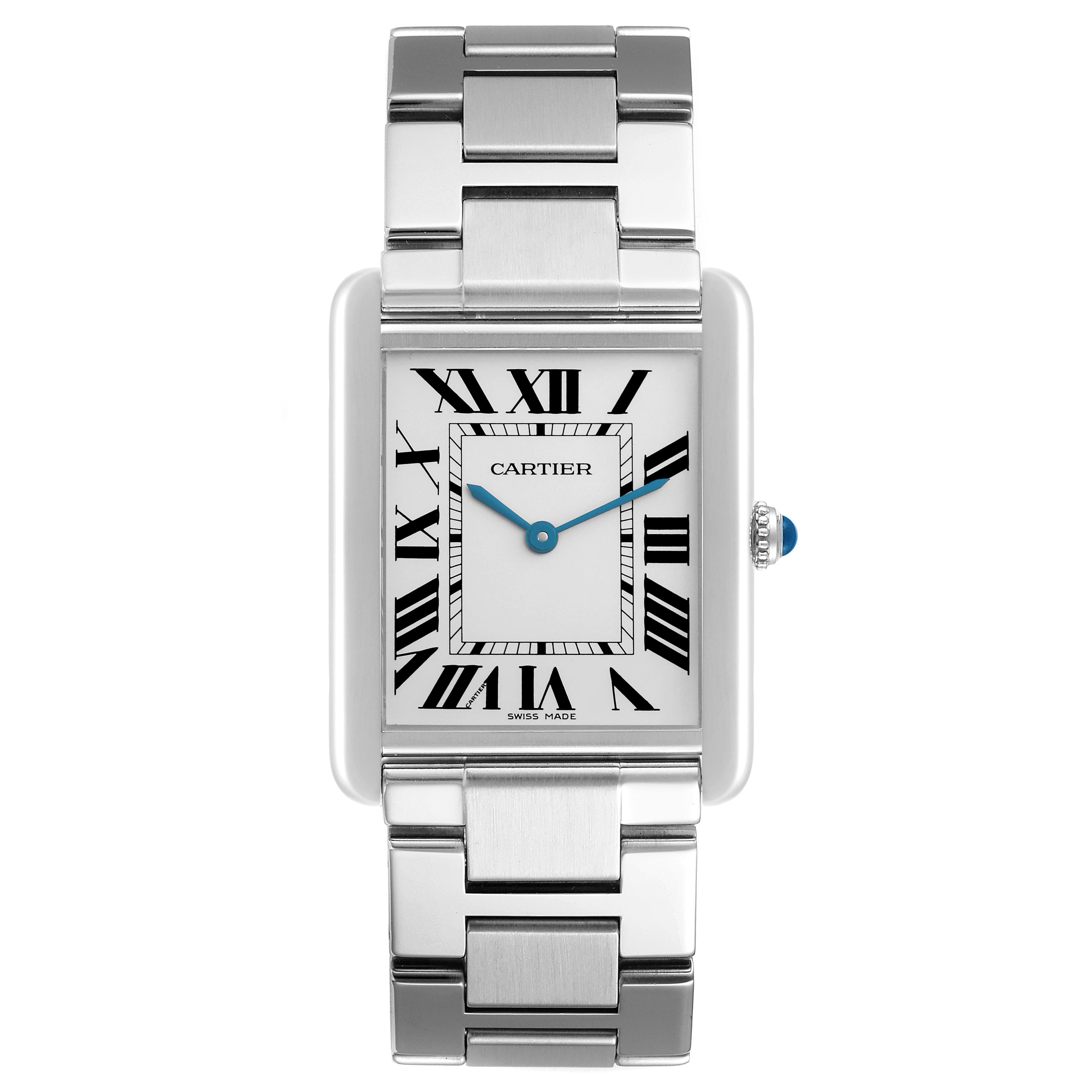 The Cartier Tank Solo W5200014 Men's Stainless Steel Silver Dial W5200014 Men's Stainless Steel Silver Dial watch is shown from the front, displaying the face, bracelet, and the crown with a blue cabochon.