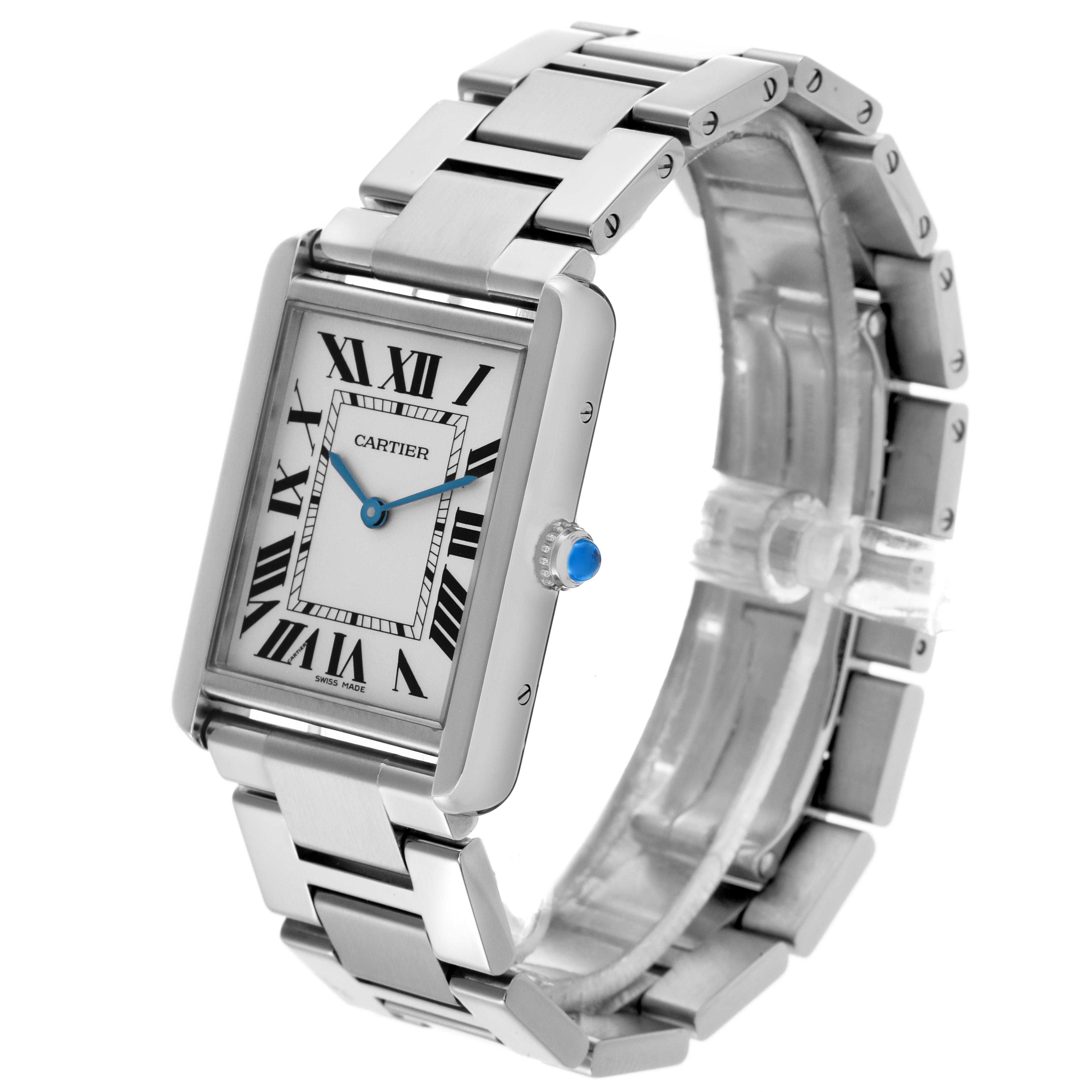 The Cartier Tank Solo W5200014 Men's Stainless Steel Silver Dial W5200014 Men's Stainless Steel Silver Dial watch is shown at a three-quarter angle, displaying the face, bracelet, and side view with the crown.