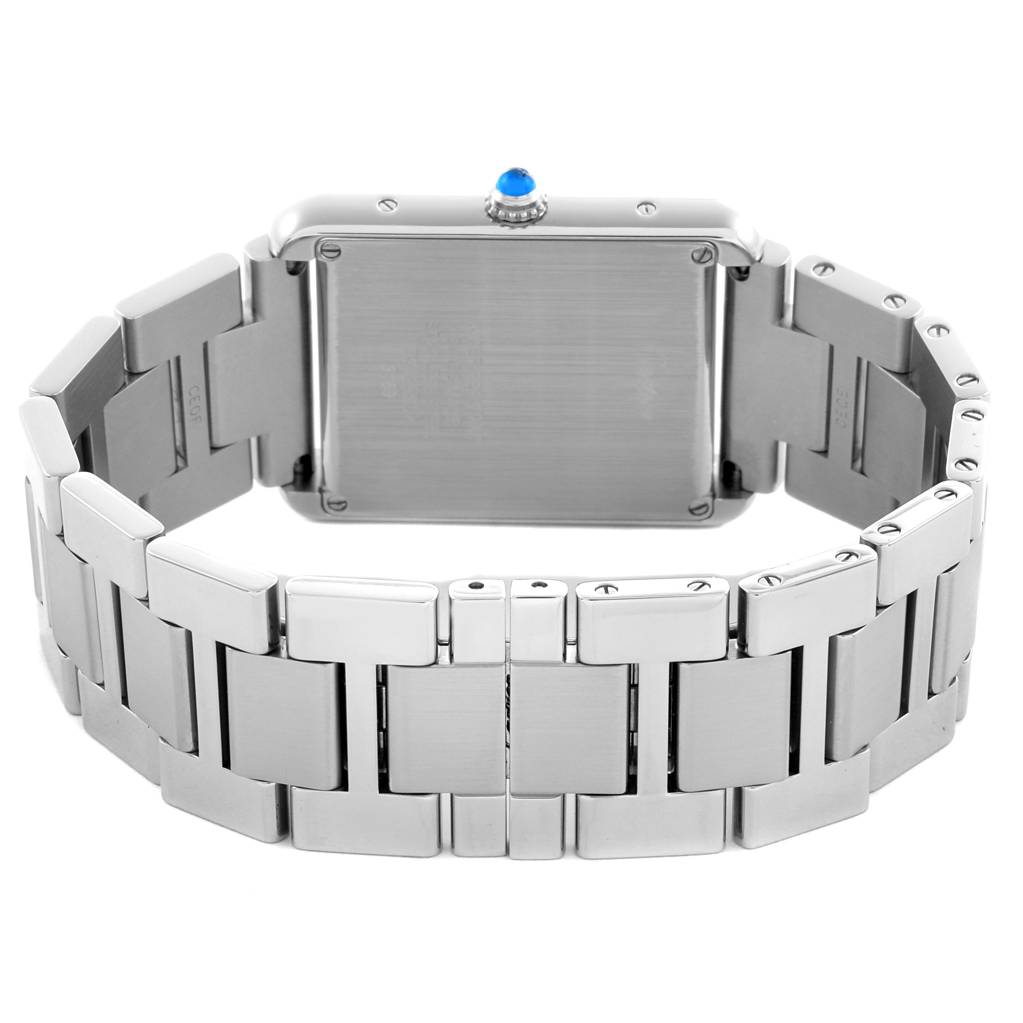 The image shows the back of a Cartier Tank Solo W5200014 Men's Stainless Steel Silver Dial W5200014 Men's Stainless Steel Silver Dial watch, highlighting the case back and metal bracelet with a visible crown.