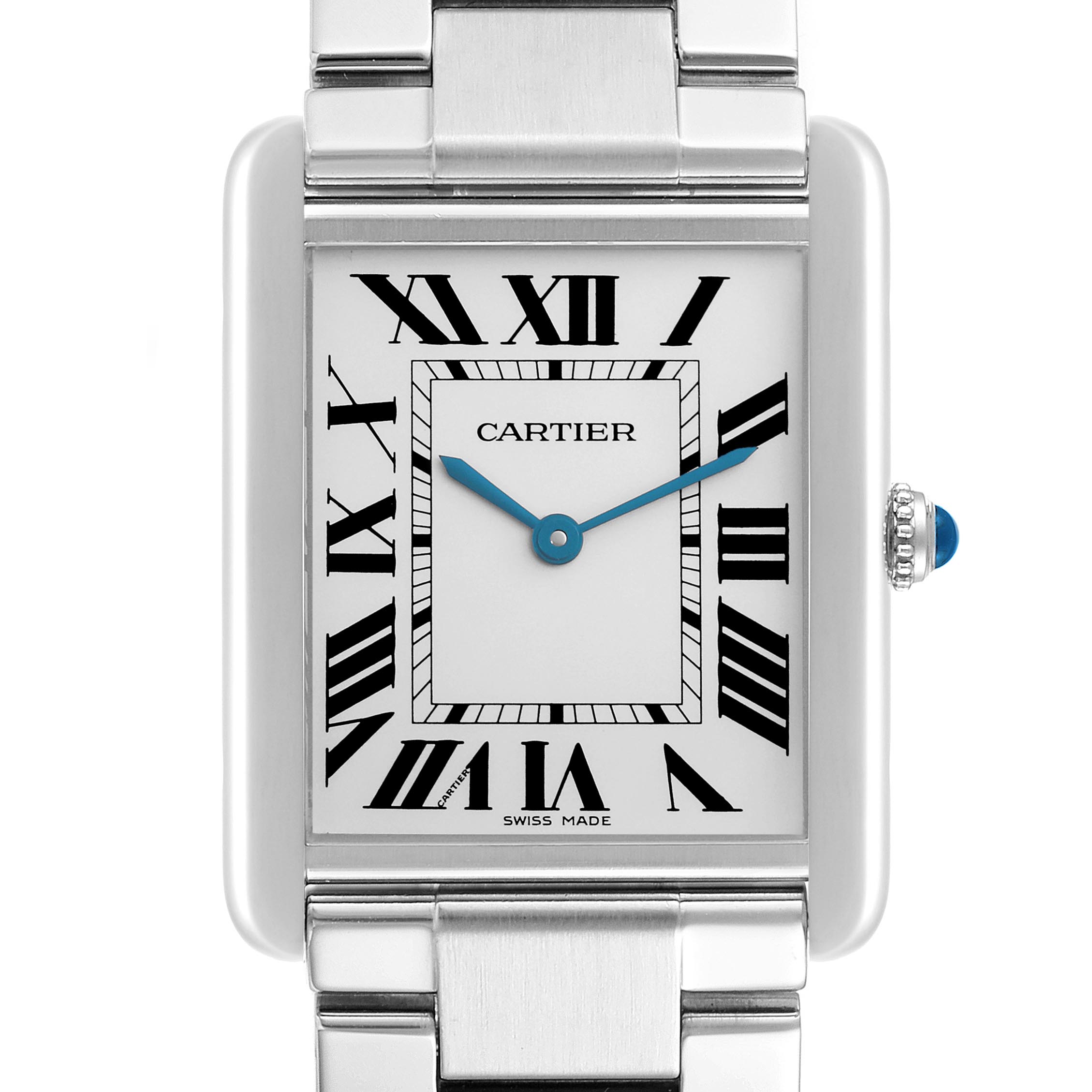 The Cartier Tank Solo W5200014 Men's Stainless Steel Silver Dial W5200014 Men's Stainless Steel Silver Dial watch is shown from the front, displaying the face, Roman numerals, hands, and part of the metal bracelet.