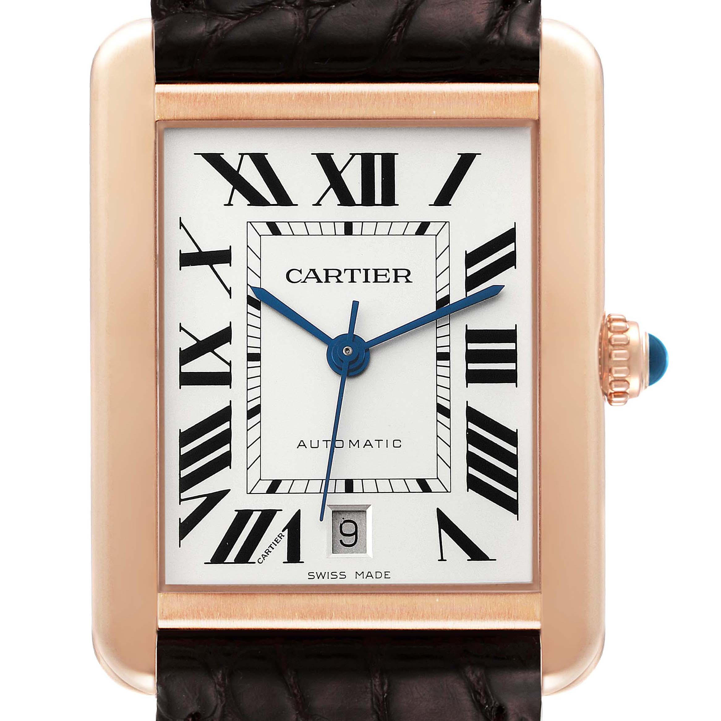 This image shows a close-up of the face and bezel of the Cartier Tank Solo W5200026 Men
s Rose Gold Silver Dial W5200026 Men
s Rose Gold Silver Dial watch, displaying its dial, hands, and date window.