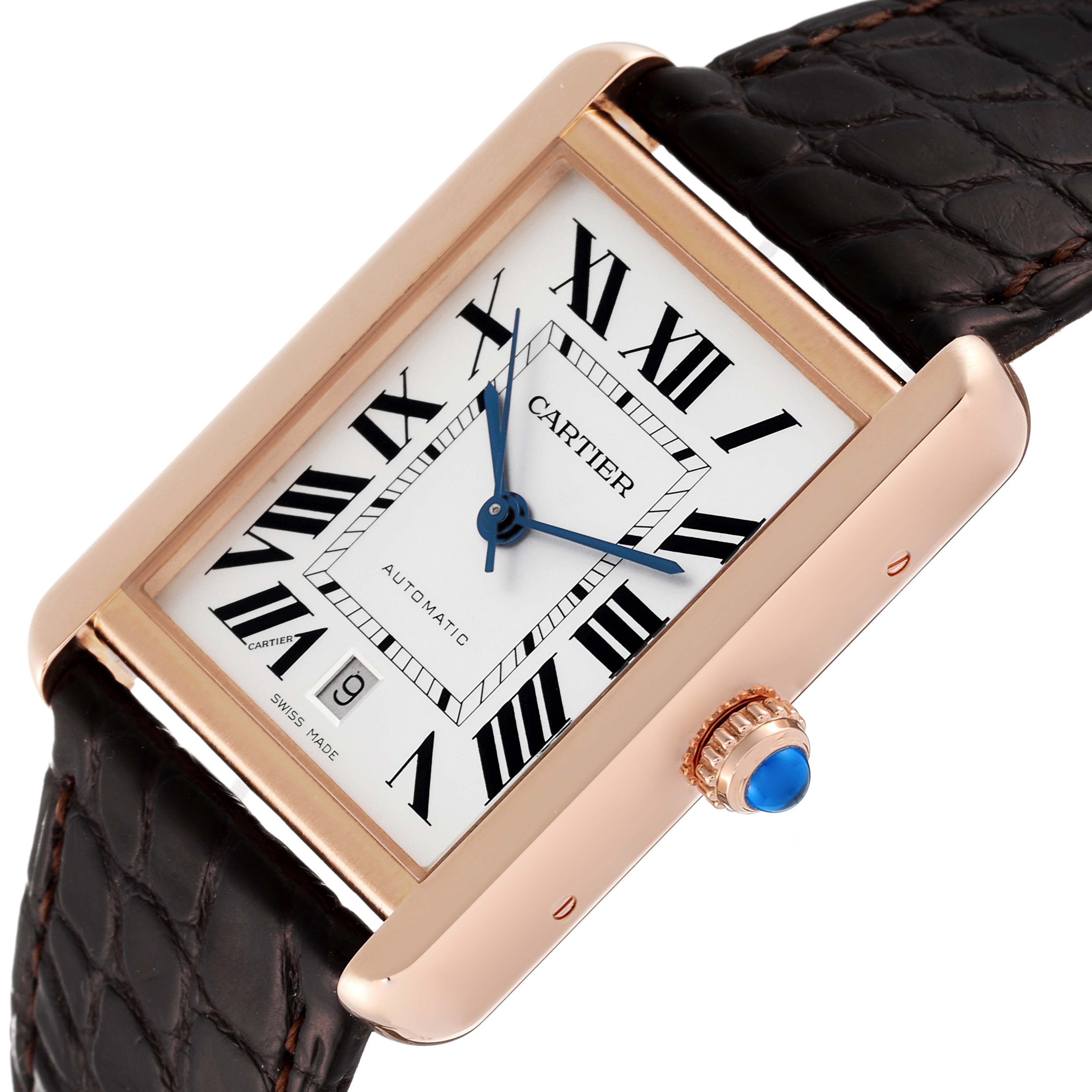 The Cartier Tank Solo W5200026 Men
s Rose Gold Silver Dial W5200026 Men
s Rose Gold Silver Dial watch is shown at an angle highlighting its rectangular face, Roman numerals, blue hands, and leather strap.