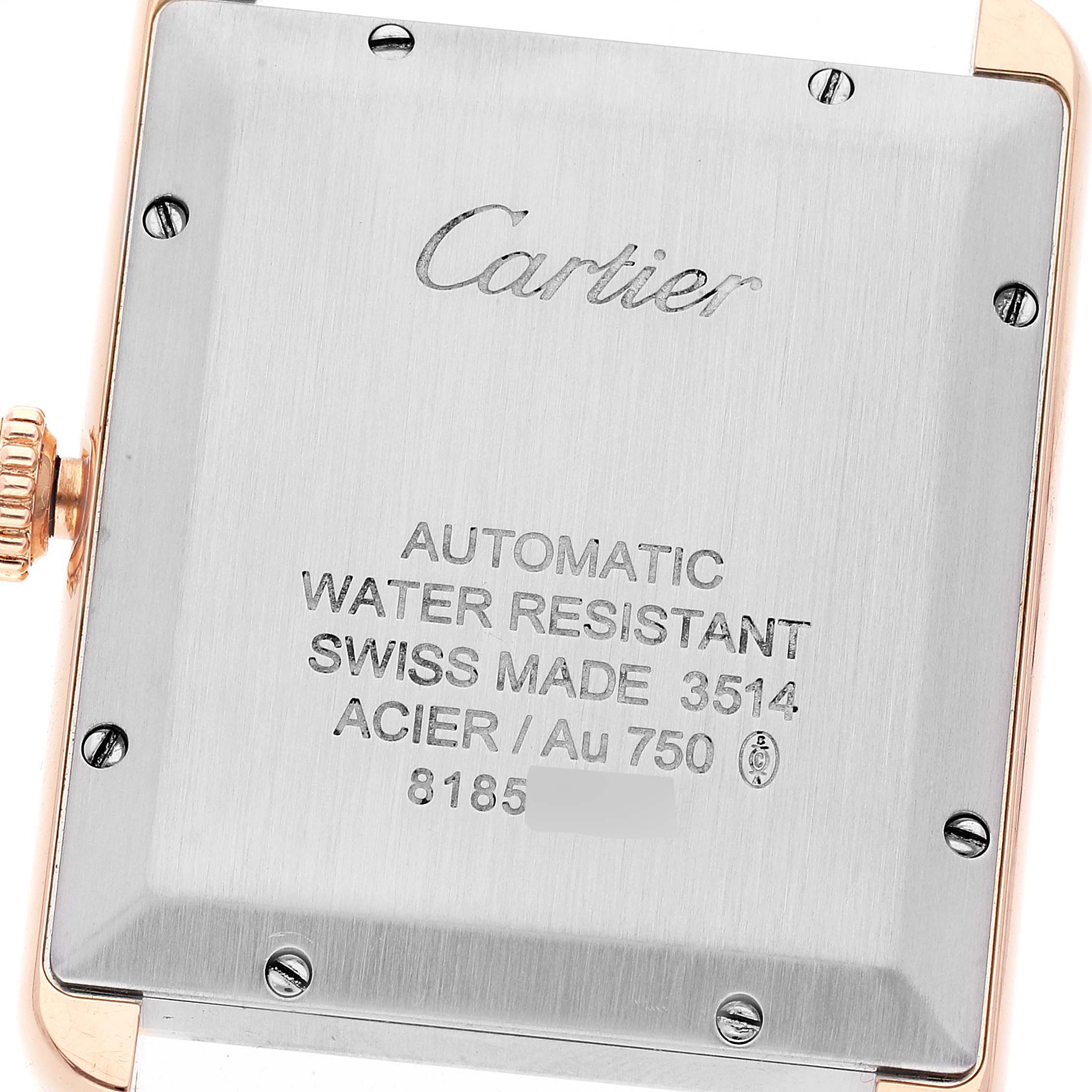 The image displays the backside of a Cartier Tank Solo W5200026 Men
s Rose Gold Silver Dial W5200026 Men
s Rose Gold Silver Dial watch, showing its markings and crown.