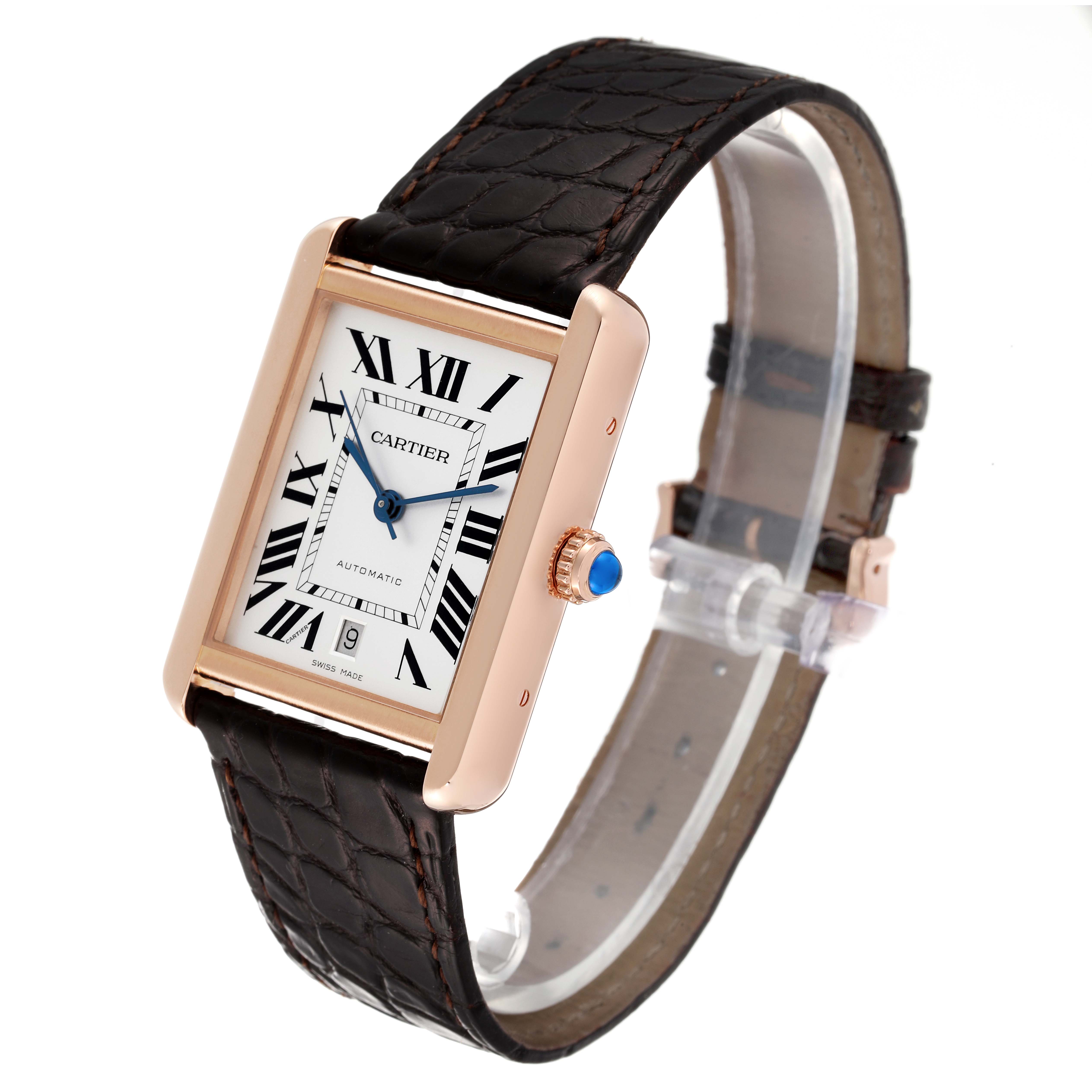 This image shows a Cartier Tank Solo W5200026 Men
s Rose Gold Silver Dial W5200026 Men
s Rose Gold Silver Dial watch from a three-quarter angle, highlighting its face, strap, and clasp.