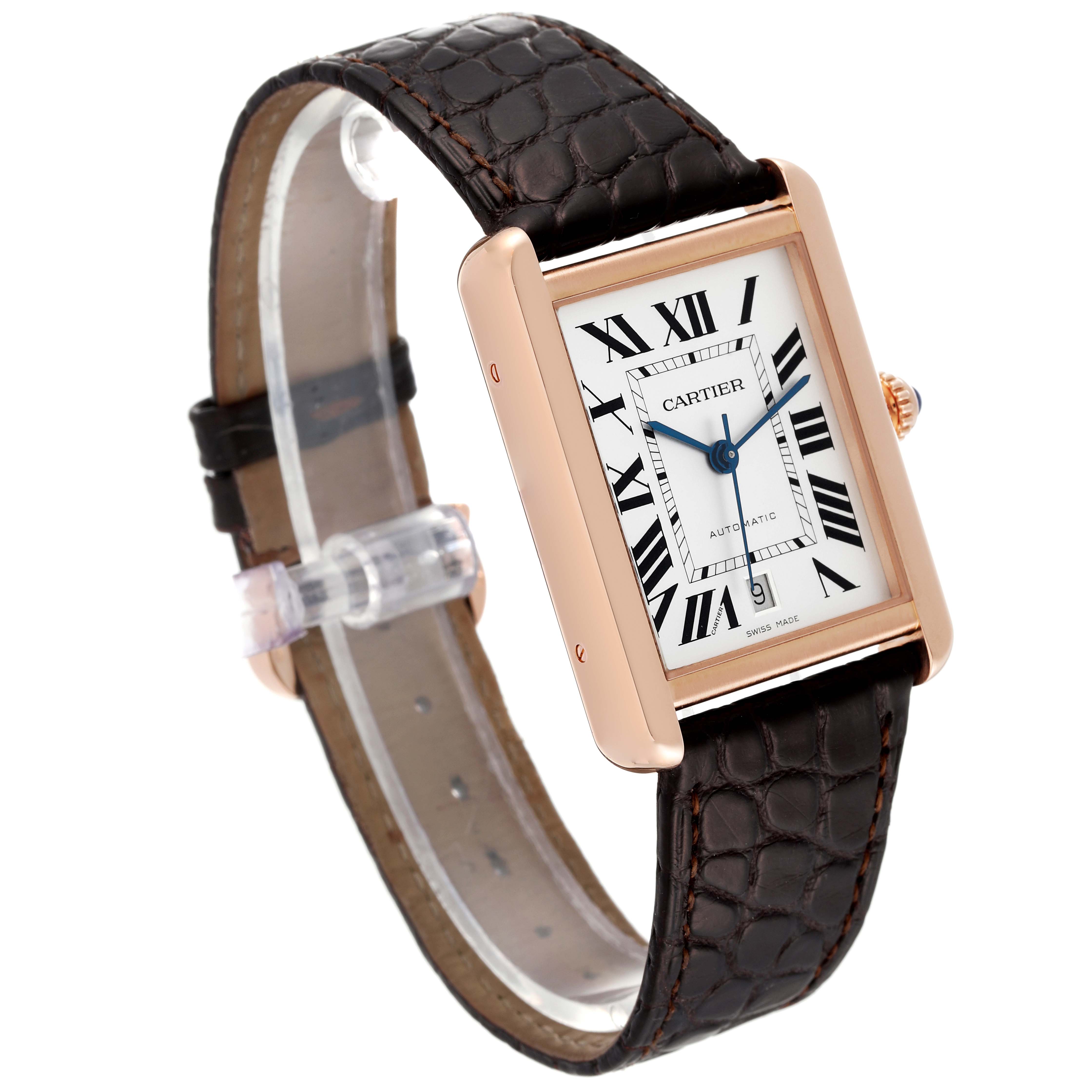 The Cartier Tank Solo W5200026 Men
s Rose Gold Silver Dial W5200026 Men
s Rose Gold Silver Dial watch is shown at a slight angle highlighting the face, bezel, and leather strap.