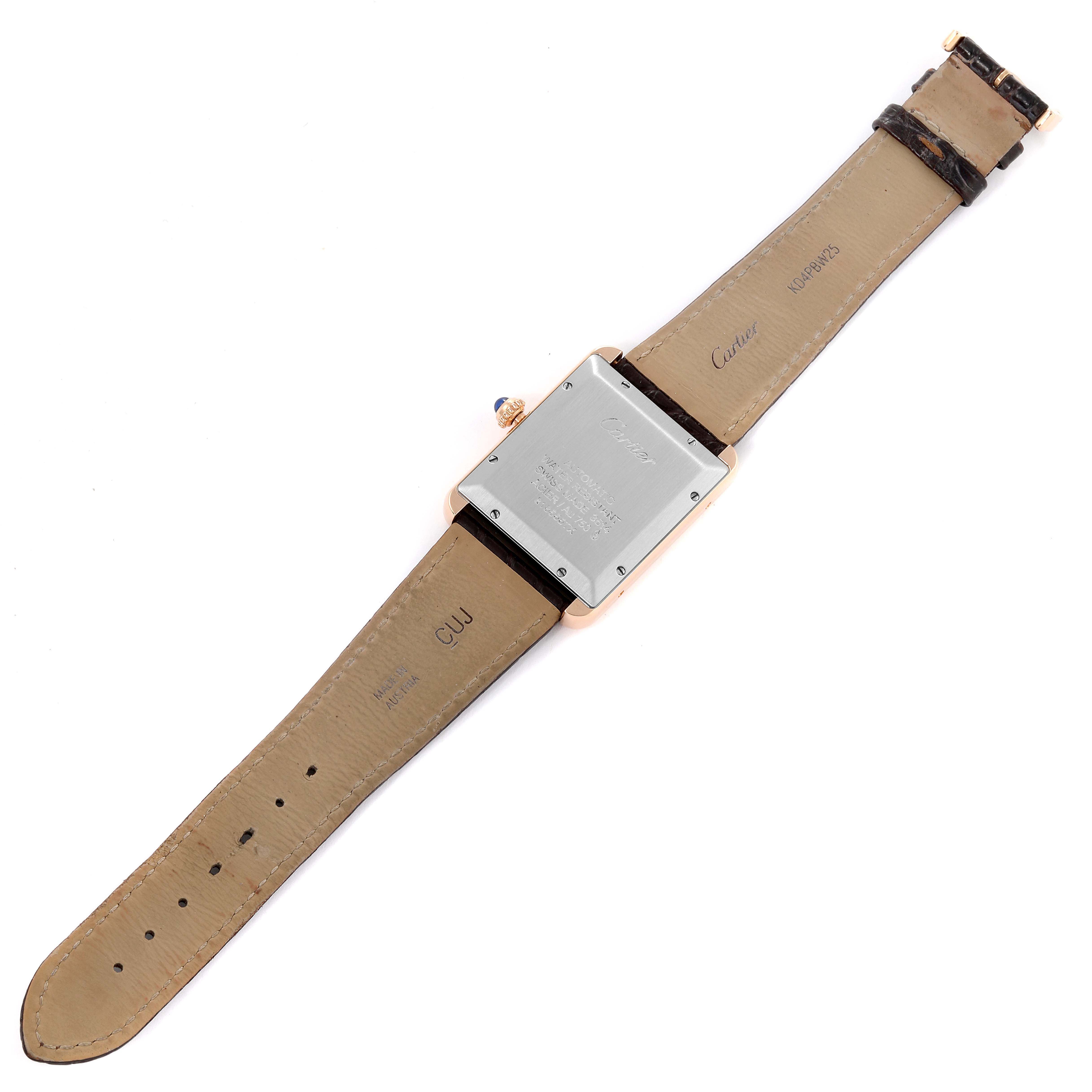 The image shows the underside of a Cartier Tank Solo W5200026 Men
s Rose Gold Silver Dial W5200026 Men
s Rose Gold Silver Dial watch, highlighting the strap and case back.