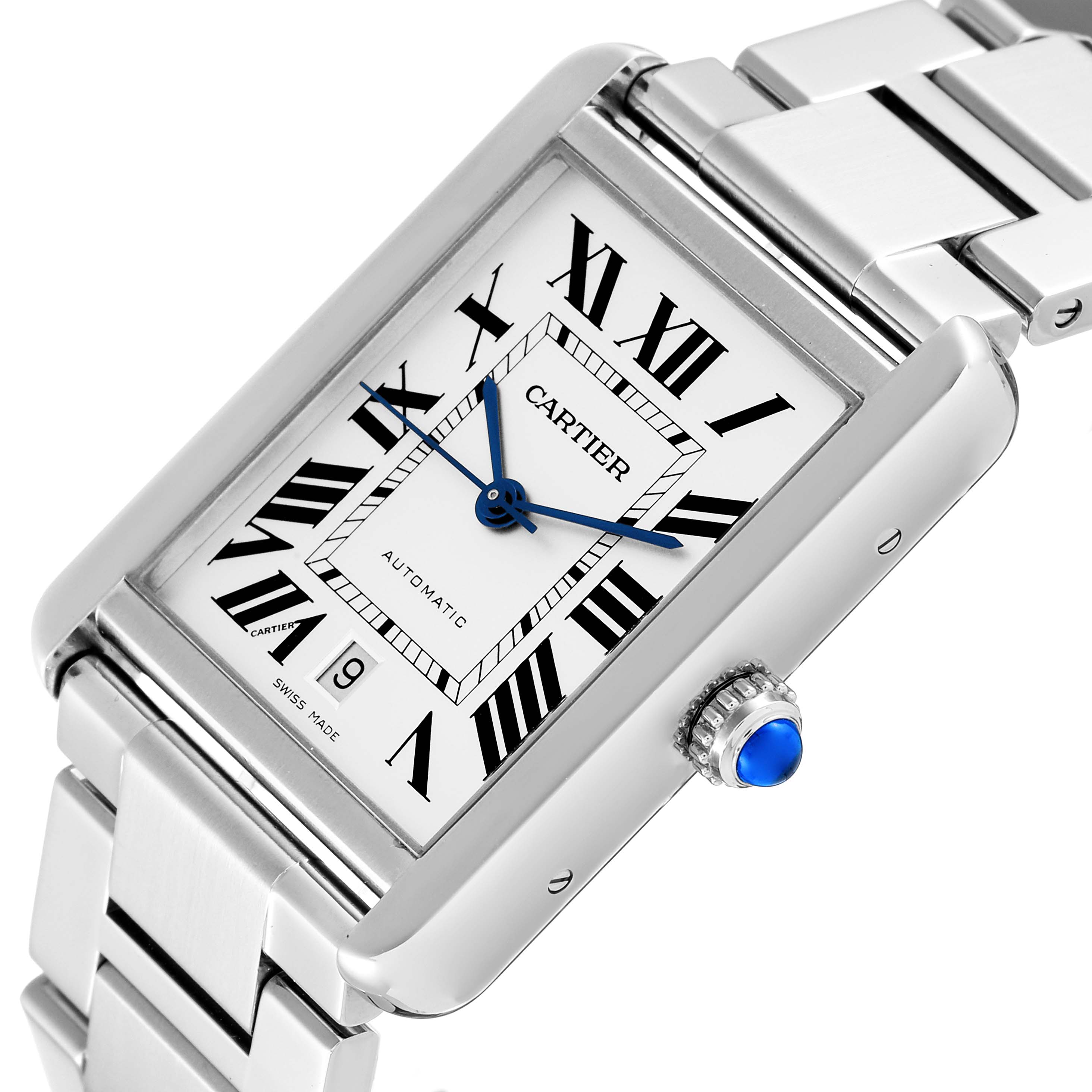 The Cartier Tank Solo W5200028 Men's Stainless Steel Silver Dial W5200028 Men's Stainless Steel Silver Dial watch is shown from an angle revealing the face, crown, and part of the metal bracelet.