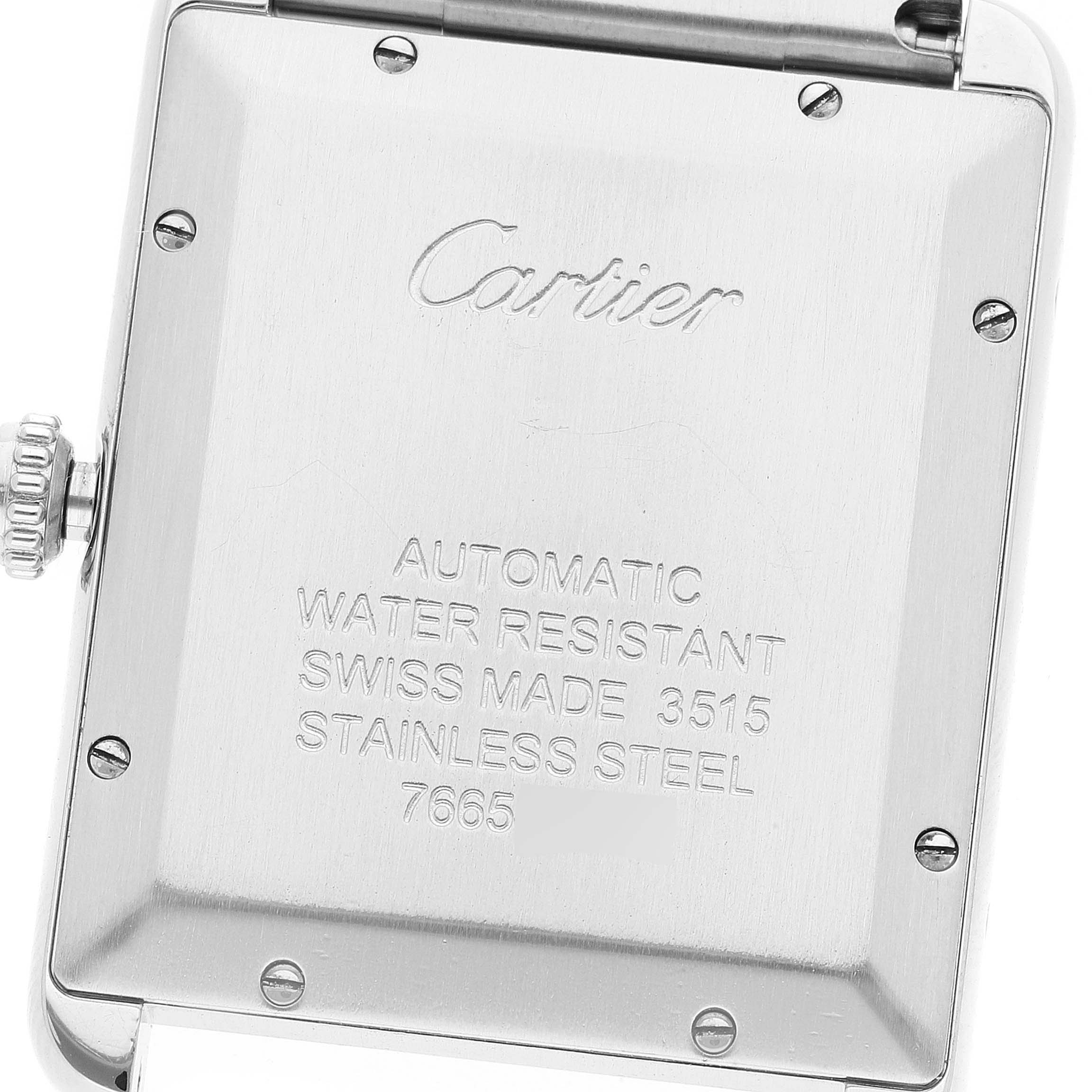 This image shows the back case of a Cartier Tank Solo W5200028 Men's Stainless Steel Silver Dial W5200028 Men's Stainless Steel Silver Dial watch, highlighting its inscriptions and stainless steel material.