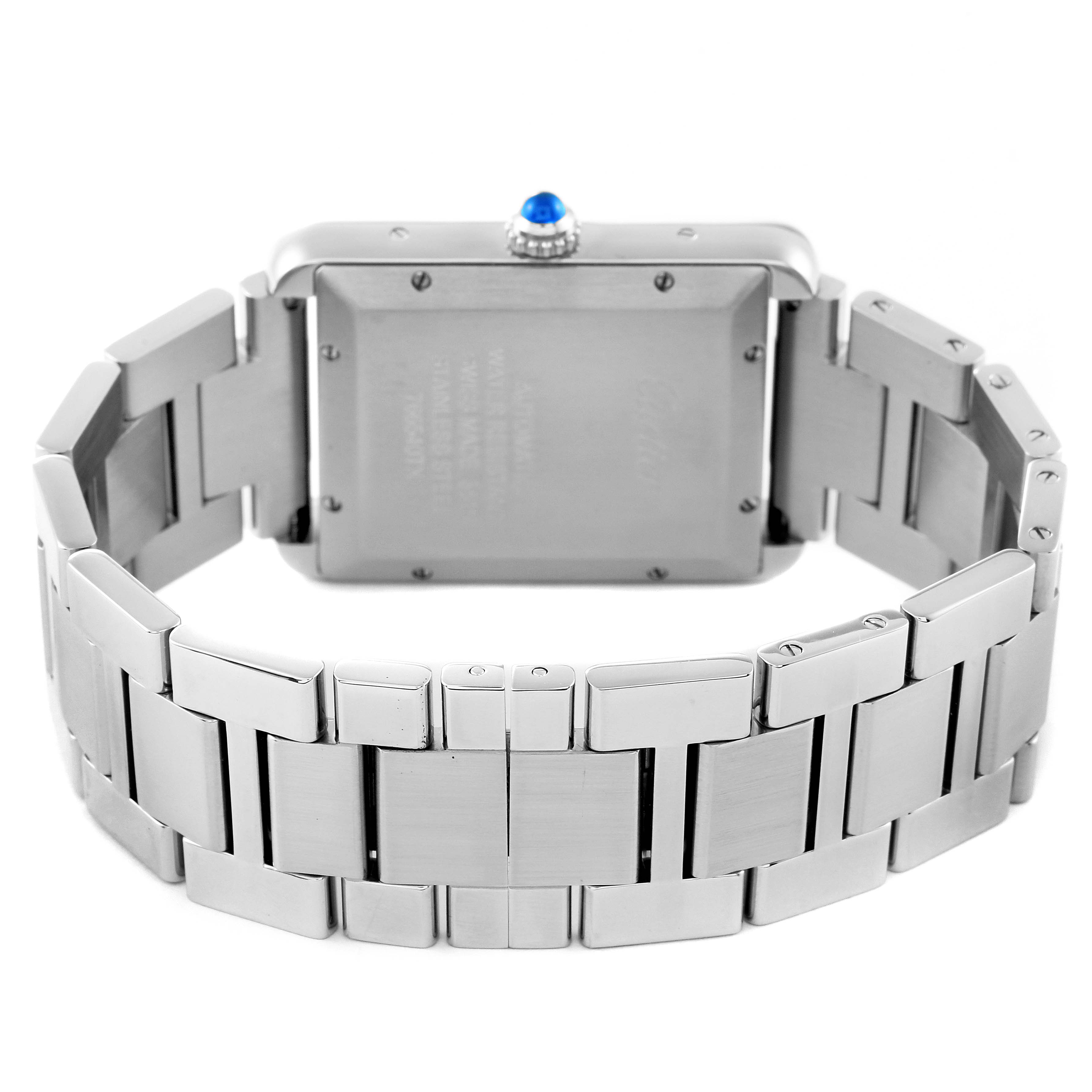 The image shows the back and bracelet of a Cartier Tank Solo W5200028 Men's Stainless Steel Silver Dial W5200028 Men's Stainless Steel Silver Dial watch, highlighting its stainless steel casing and band with a blue cabochon crown.