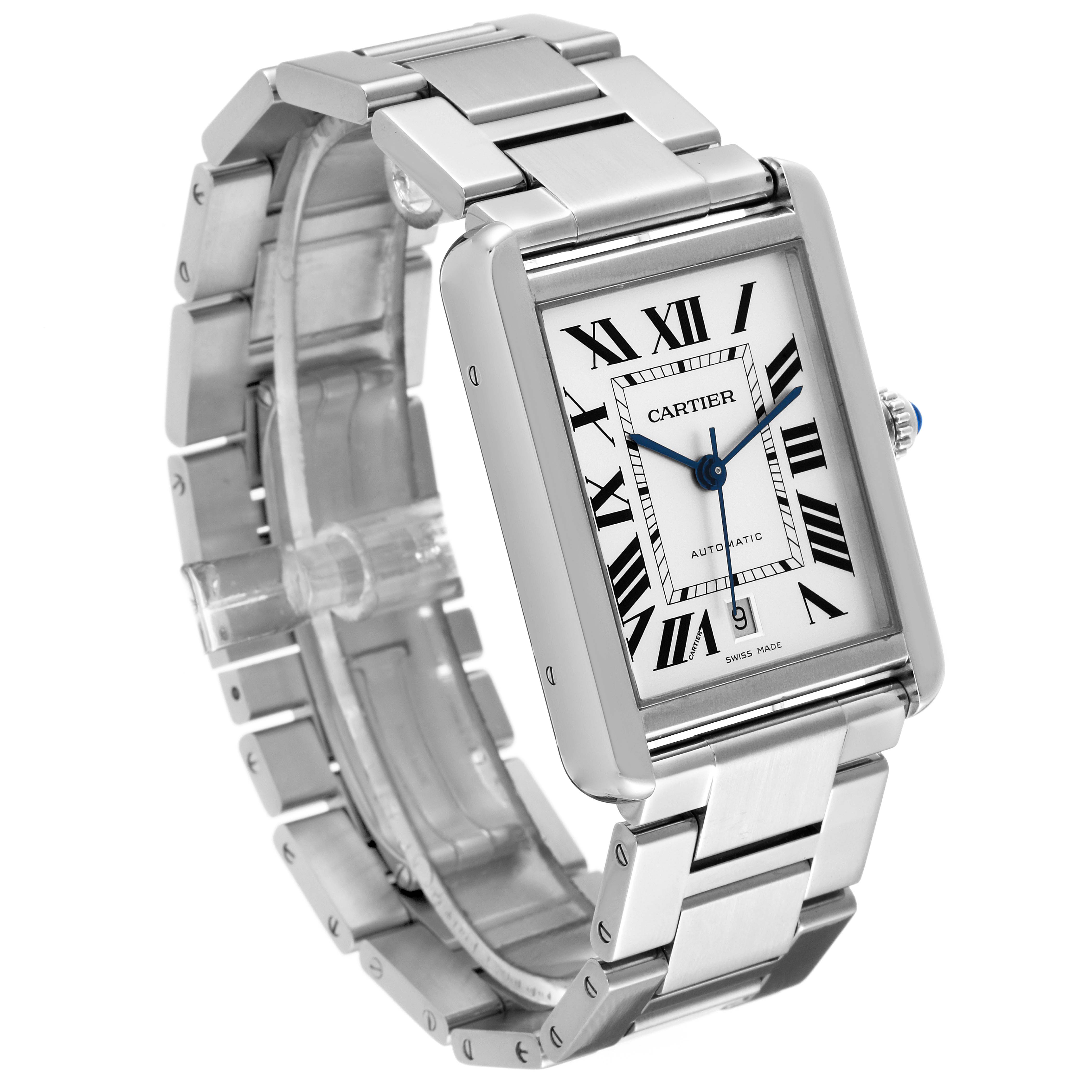 The Cartier Tank Solo W5200028 Men's Stainless Steel Silver Dial W5200028 Men's Stainless Steel Silver Dial watch is shown at a three-quarter angle, highlighting the face, bezel, and metal bracelet.