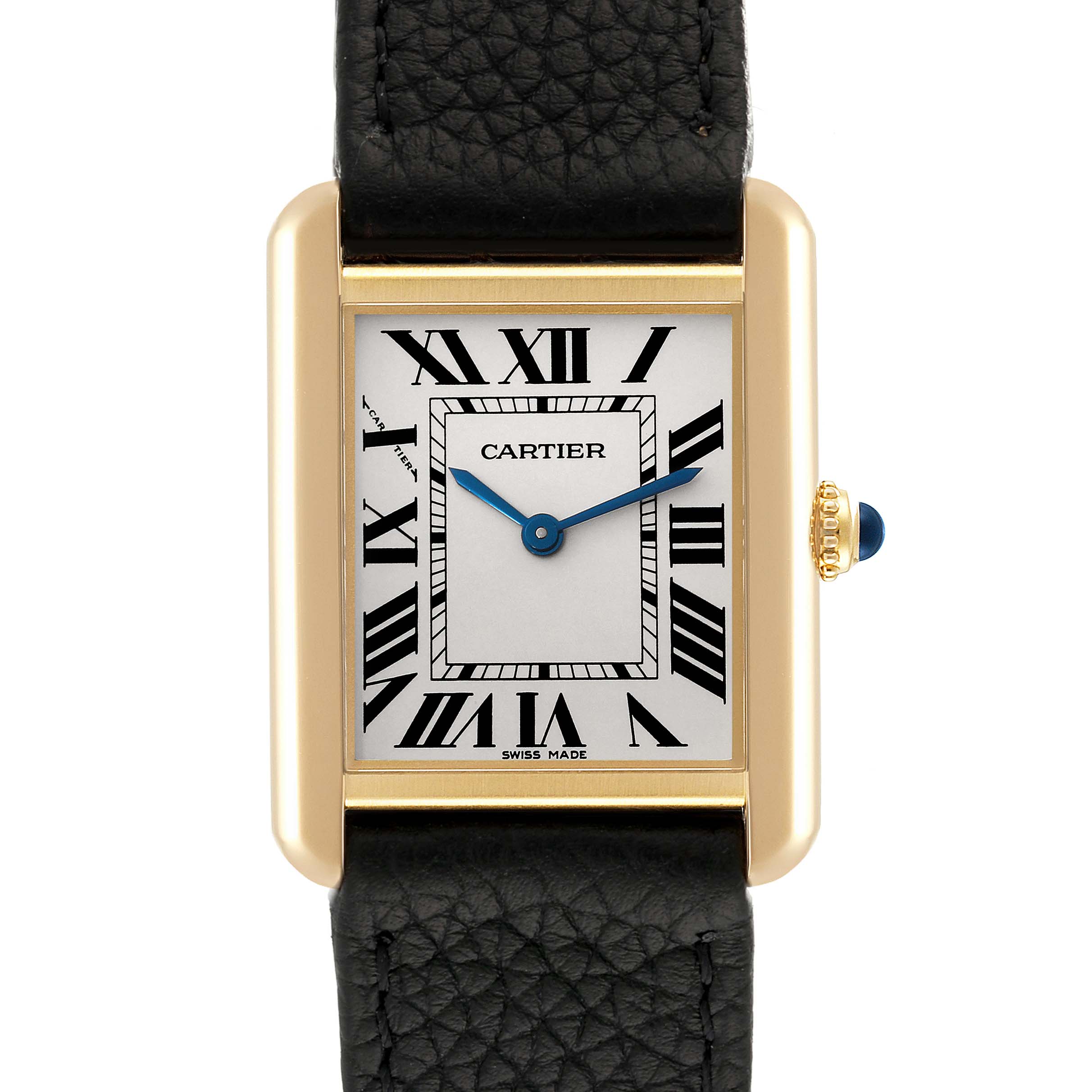 The image shows a frontal view of the Cartier Tank Solo W5200002 Women
s Steel and Gold (two tone) Silver Dial W5200002 Women
s Steel and Gold (two tone) Silver Dial watch with its face, Roman numerals, and black leather strap.