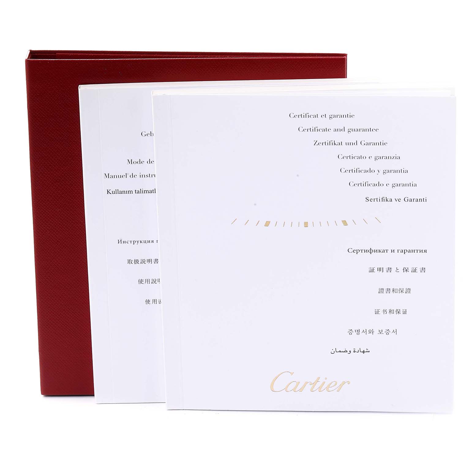 The image shows the instruction manual and guarantee certificate for the Cartier Tank Solo W5200002 Women
s Steel and Gold (two tone) Silver Dial W5200002 Women
s Steel and Gold (two tone) Silver Dial model.