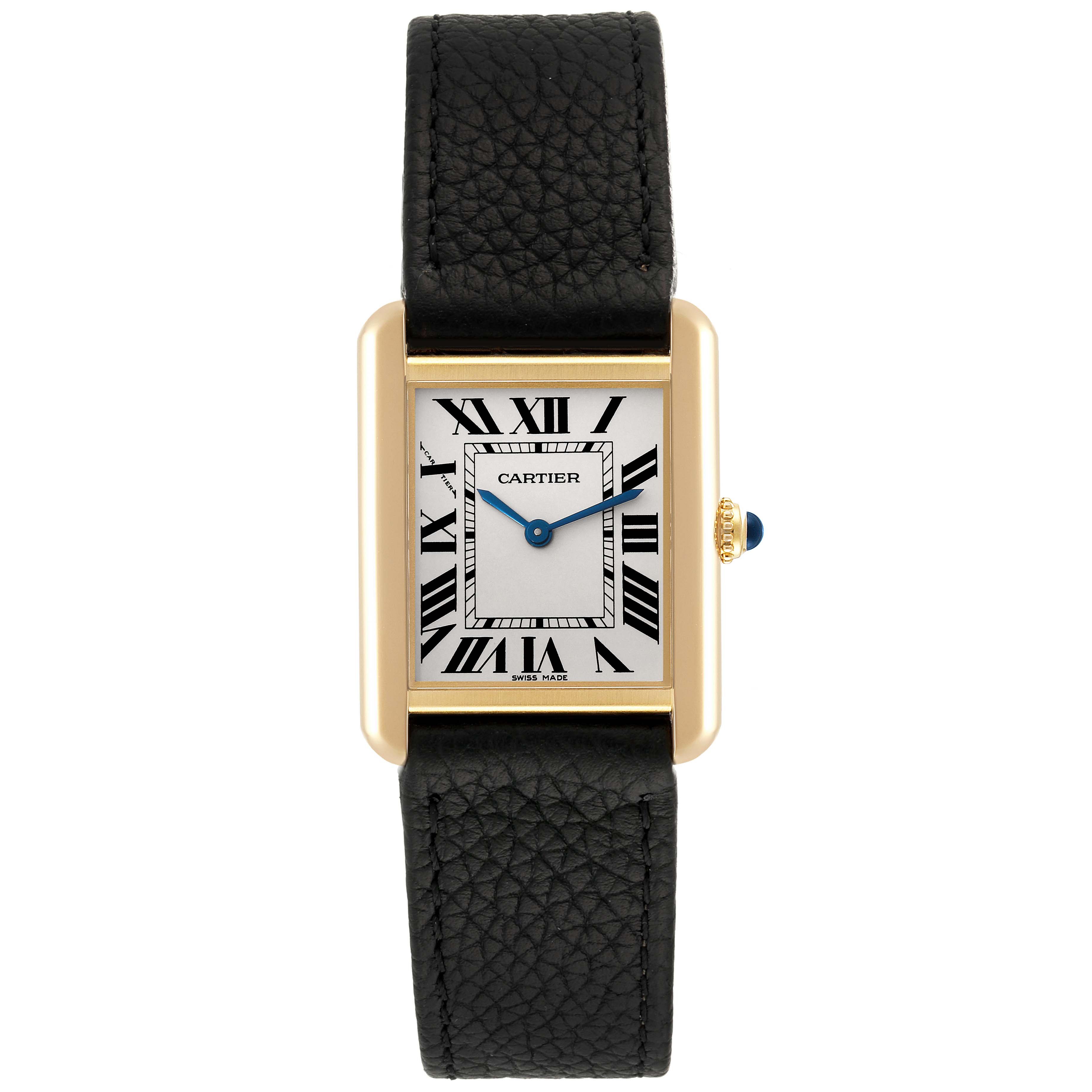 This image shows a full frontal view of a Cartier Tank Solo W5200002 Women
s Steel and Gold (two tone) Silver Dial W5200002 Women
s Steel and Gold (two tone) Silver Dial watch, highlighting the dial, case, and strap.