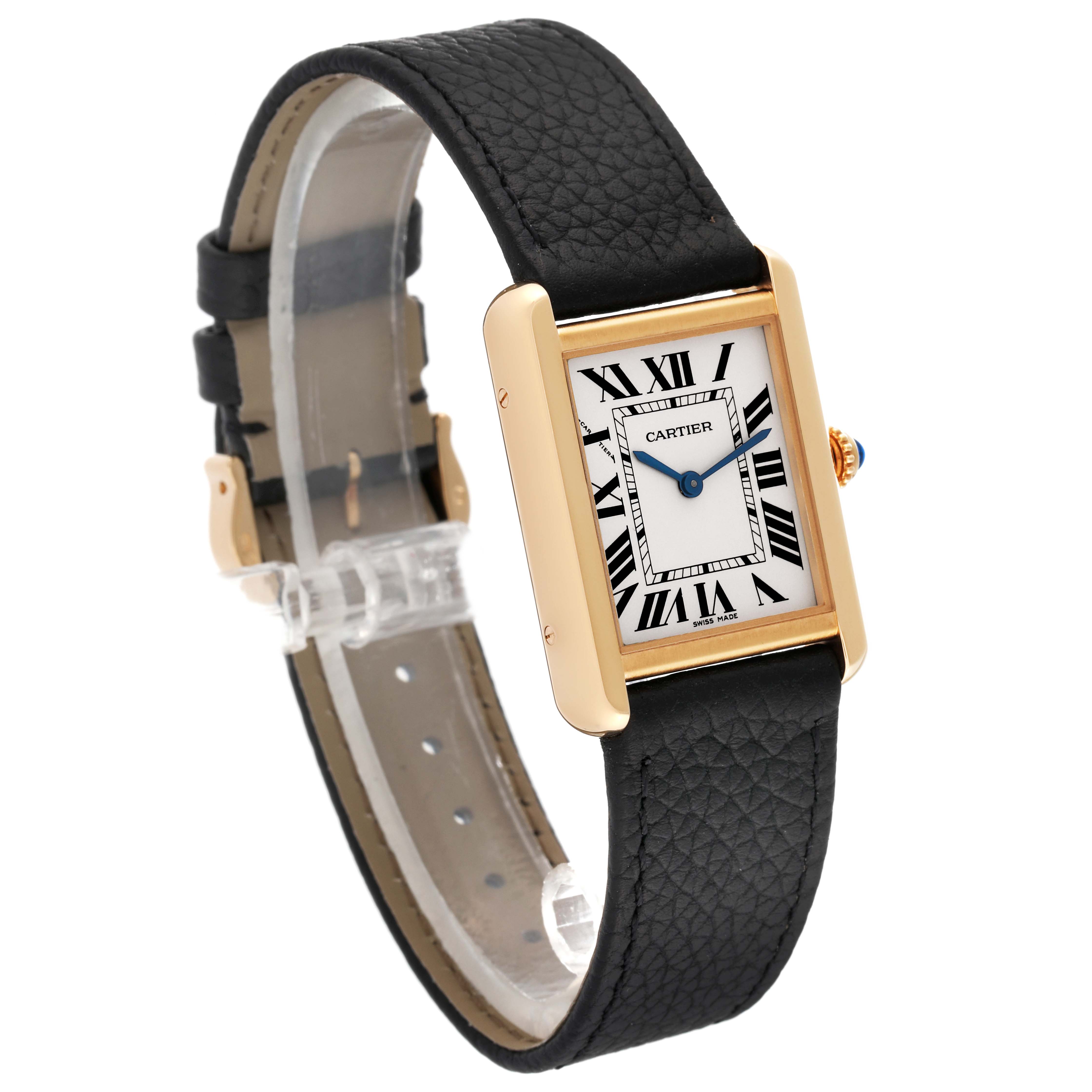 The image shows a Cartier Tank Solo W5200002 Women
s Steel and Gold (two tone) Silver Dial W5200002 Women
s Steel and Gold (two tone) Silver Dial watch angled from the front-left, displaying the face, strap, and side crown.