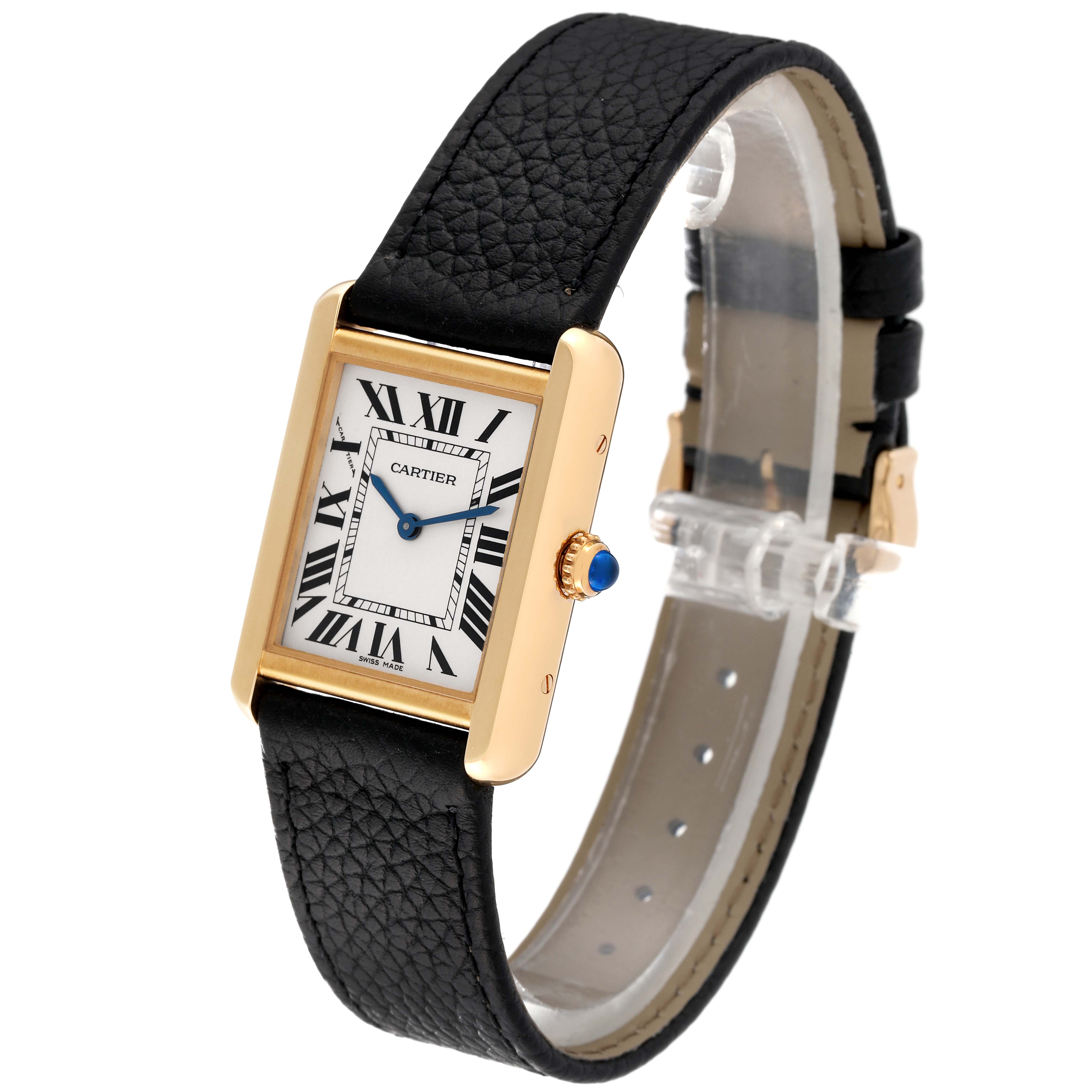 The Cartier Tank Solo W5200002 Women
s Steel and Gold (two tone) Silver Dial W5200002 Women
s Steel and Gold (two tone) Silver Dial watch is shown at a slight angle, displaying its front, side, and leather strap.