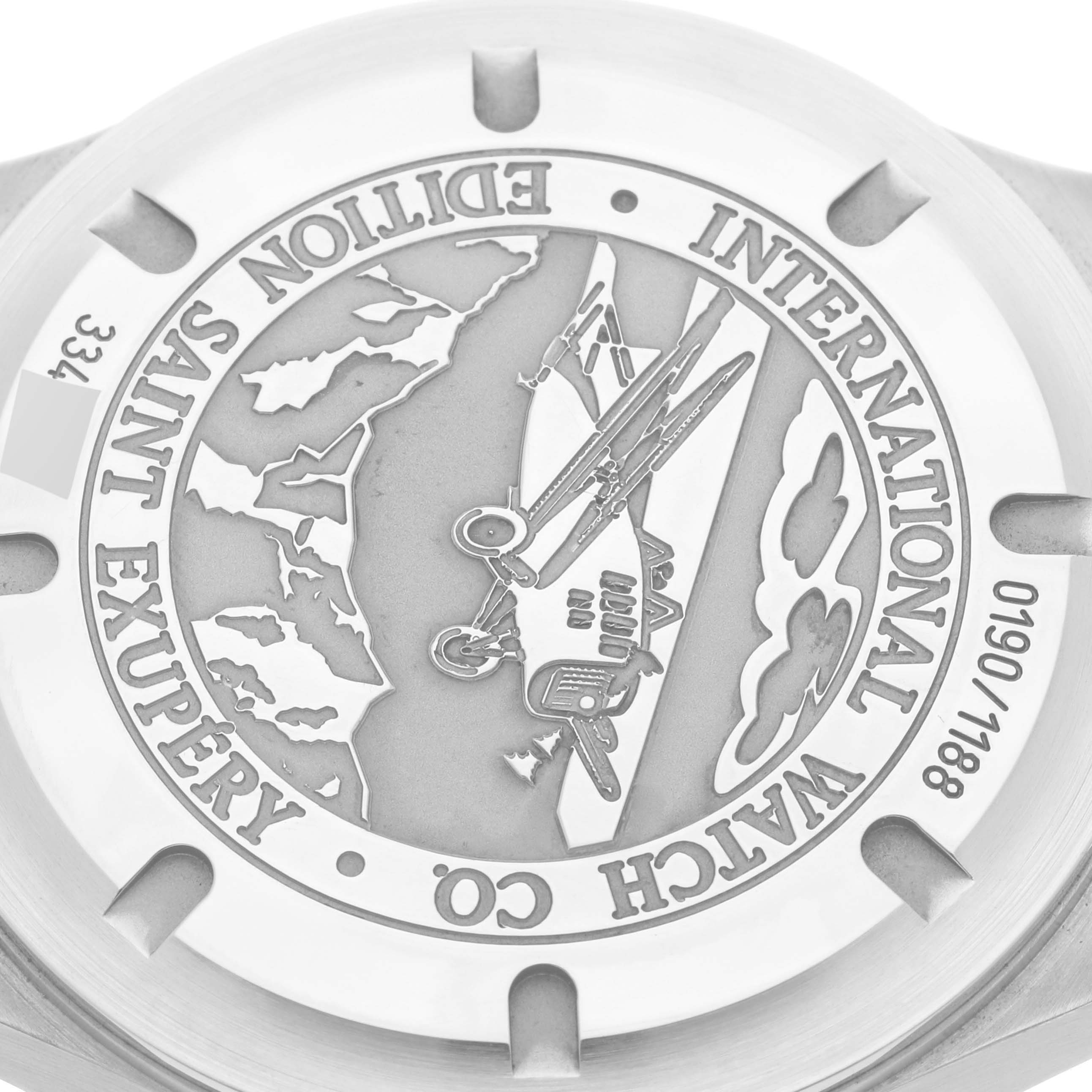 This is the case back of an IWC Pilot IW326104 Men's Stainless Steel Brown Dial IW326104 Men's Stainless Steel Brown Dial model watch, featuring an engraved airplane and the text "Edition Saint Exupéry."