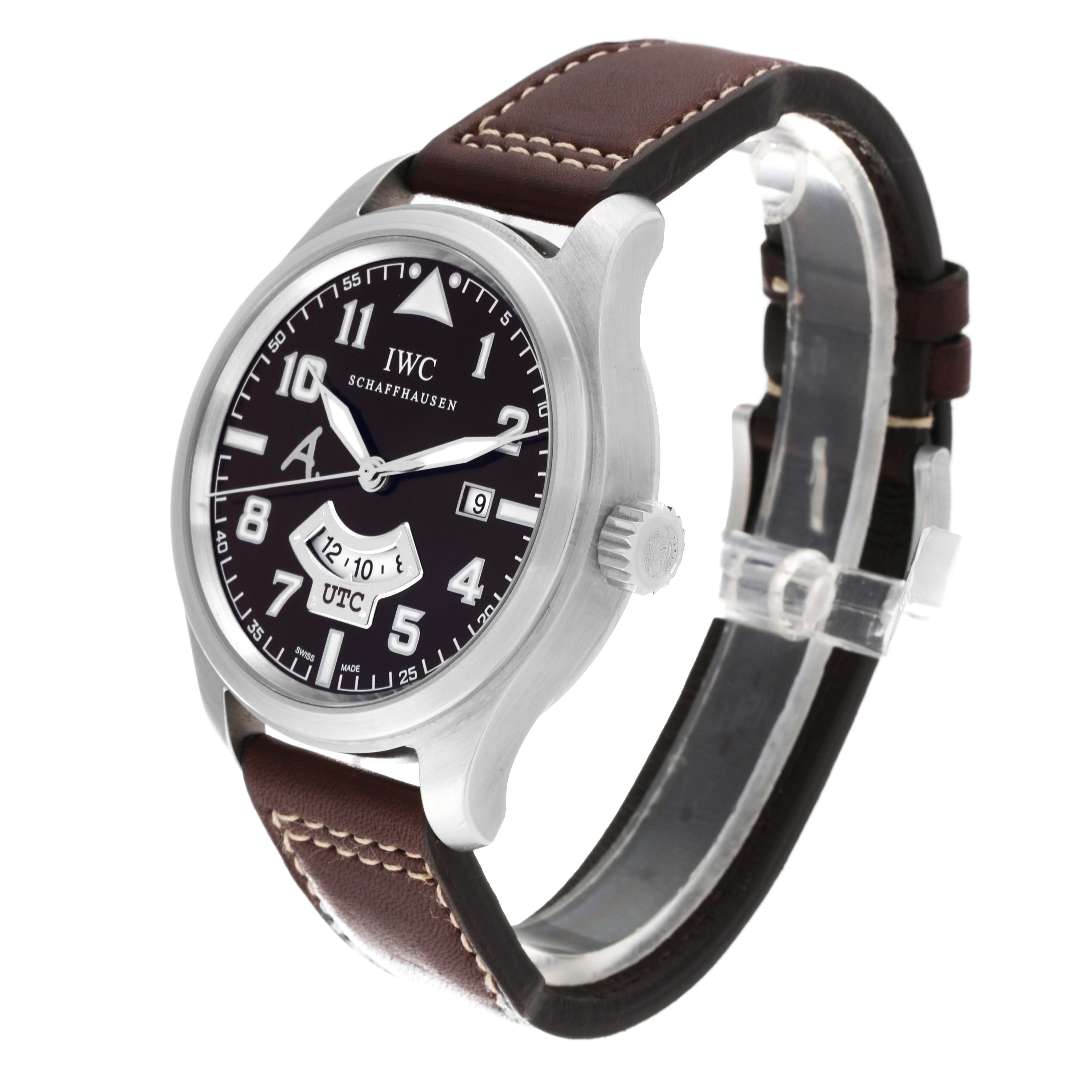 The IWC Pilot IW326104 Men's Stainless Steel Brown Dial IW326104 Men's Stainless Steel Brown Dial watch is shown at a slight angle, displaying the face, brown leather strap, case, and crown clearly.