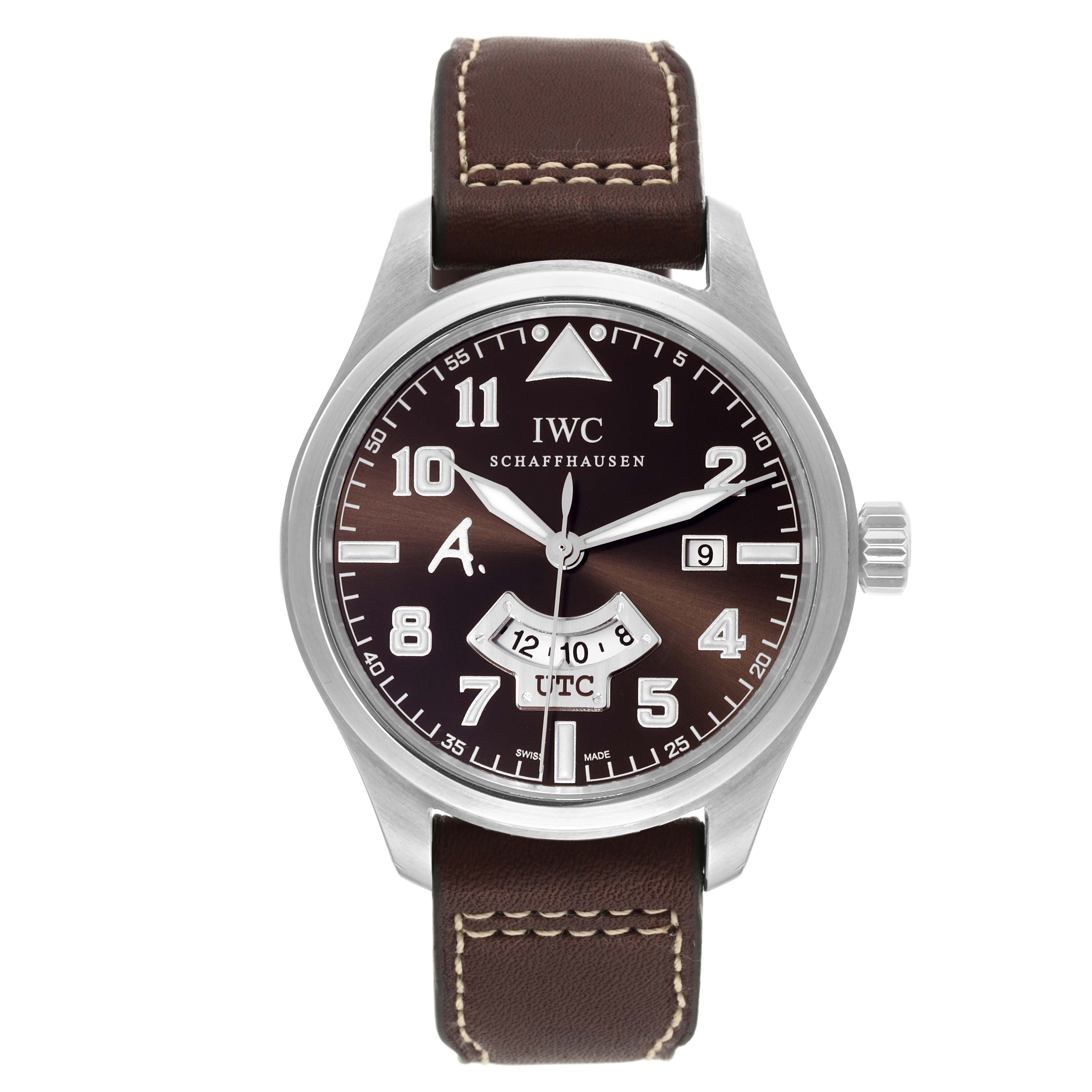 The image shows a front view of an IWC Pilot IW326104 Men's Stainless Steel Brown Dial IW326104 Men's Stainless Steel Brown Dial model watch, highlighting its dial, hands, crown, and leather strap.