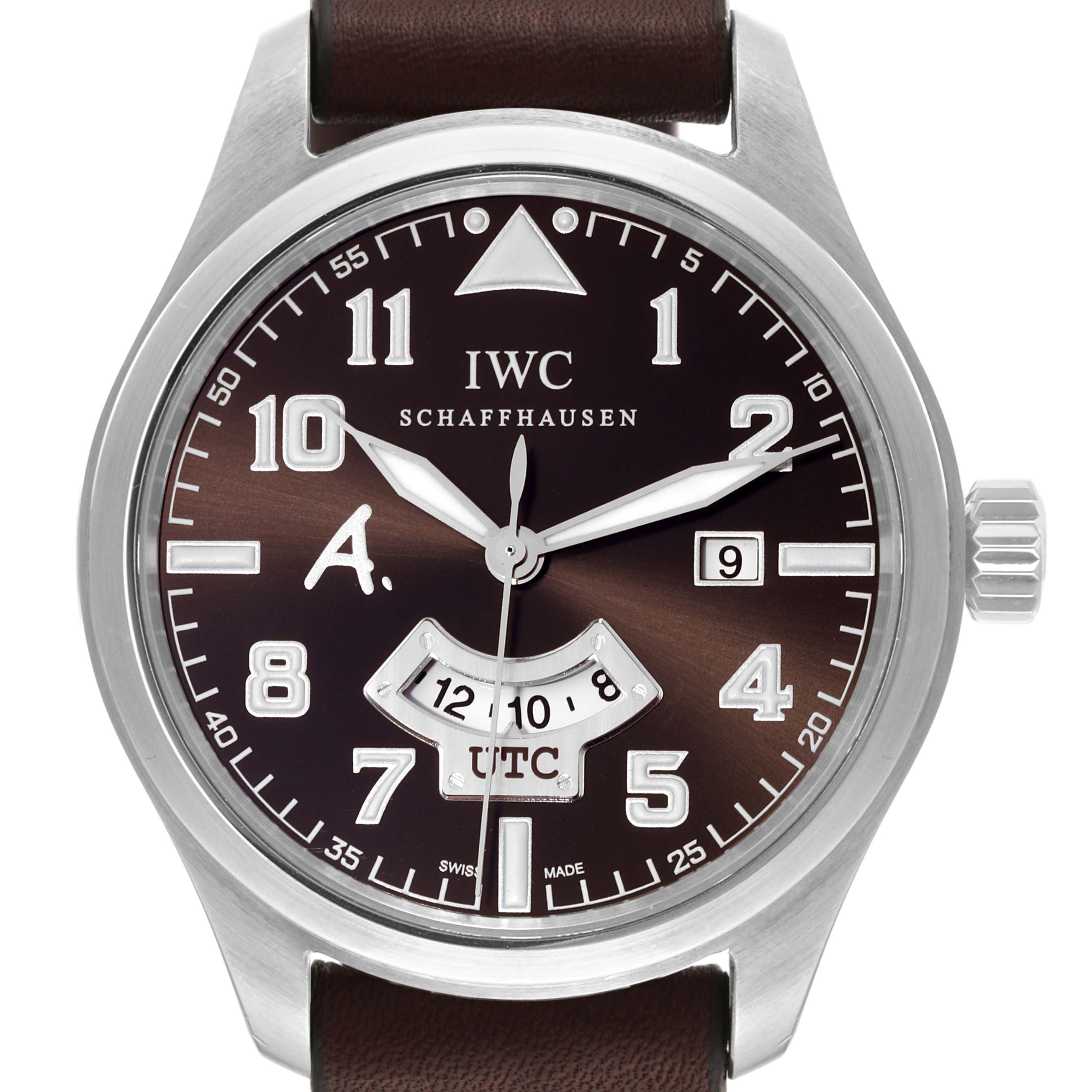 The image shows a frontal view of the IWC Pilot IW326104 Men's Stainless Steel Brown Dial IW326104 Men's Stainless Steel Brown Dial watch, highlighting the dial, hands, crown, and brown leather strap.